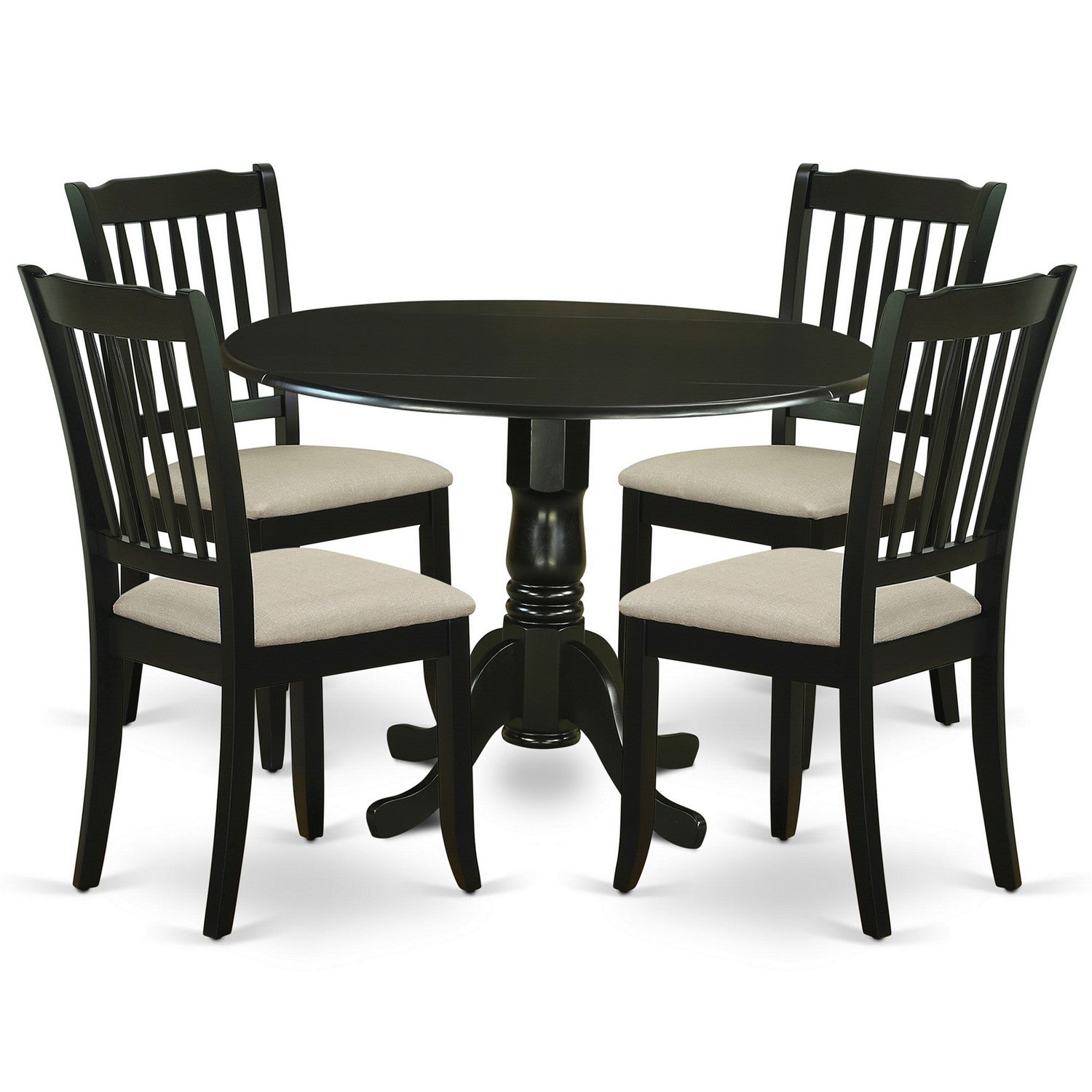 Juego de mesa de comedor de 5 piezas East West Furniture DLDA5-BLK-C para 4 personas. Incluye una mesa de cocina redonda con alas abatibles y 4 sillas de comedor tapizadas en tela de lino.