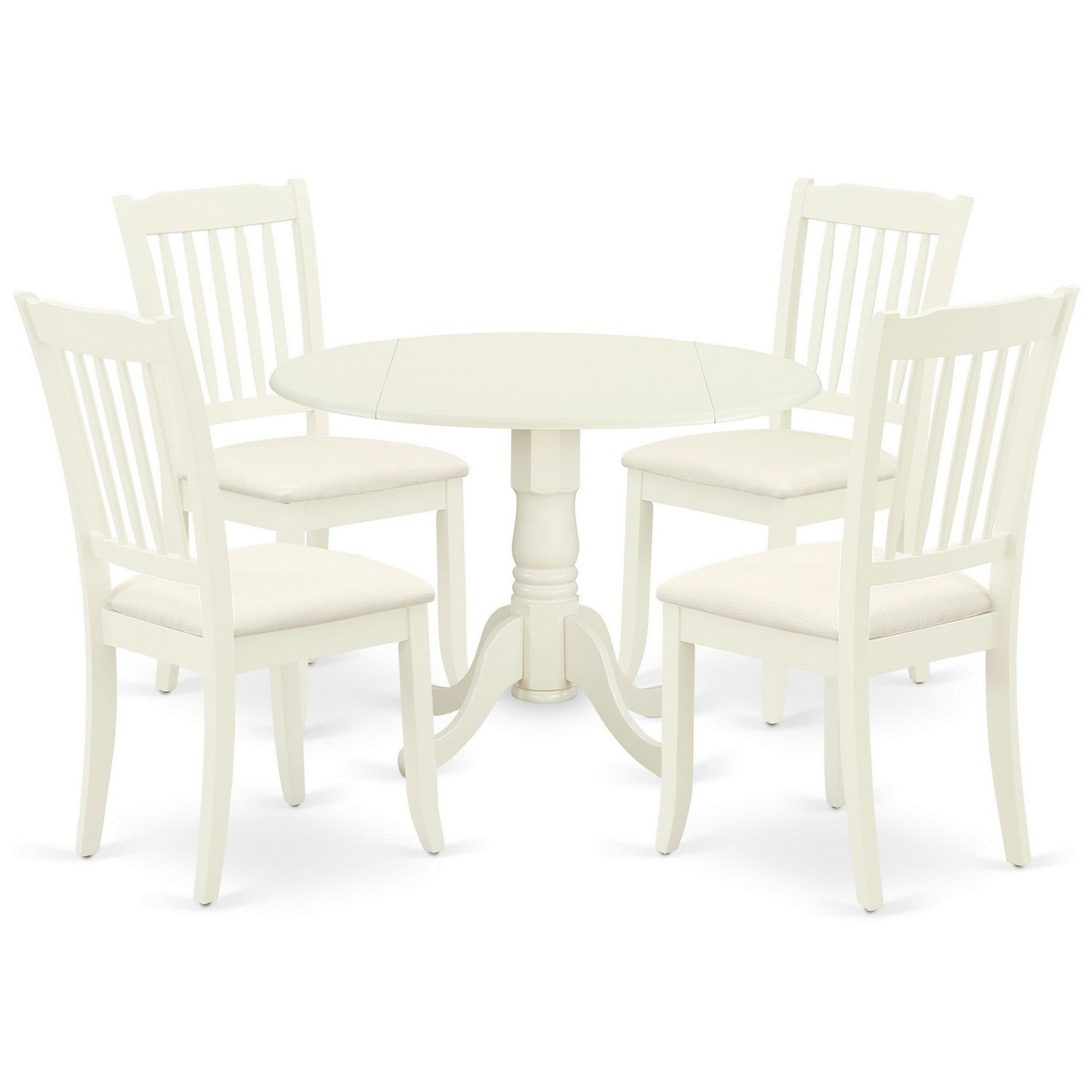 DLDA5-WHI-C 5Pc Dining Set Includes a Round Dinette Table with Drop Leaves and Four Vertical Slatted Linen Seat Kitchen Chairs, White Finish