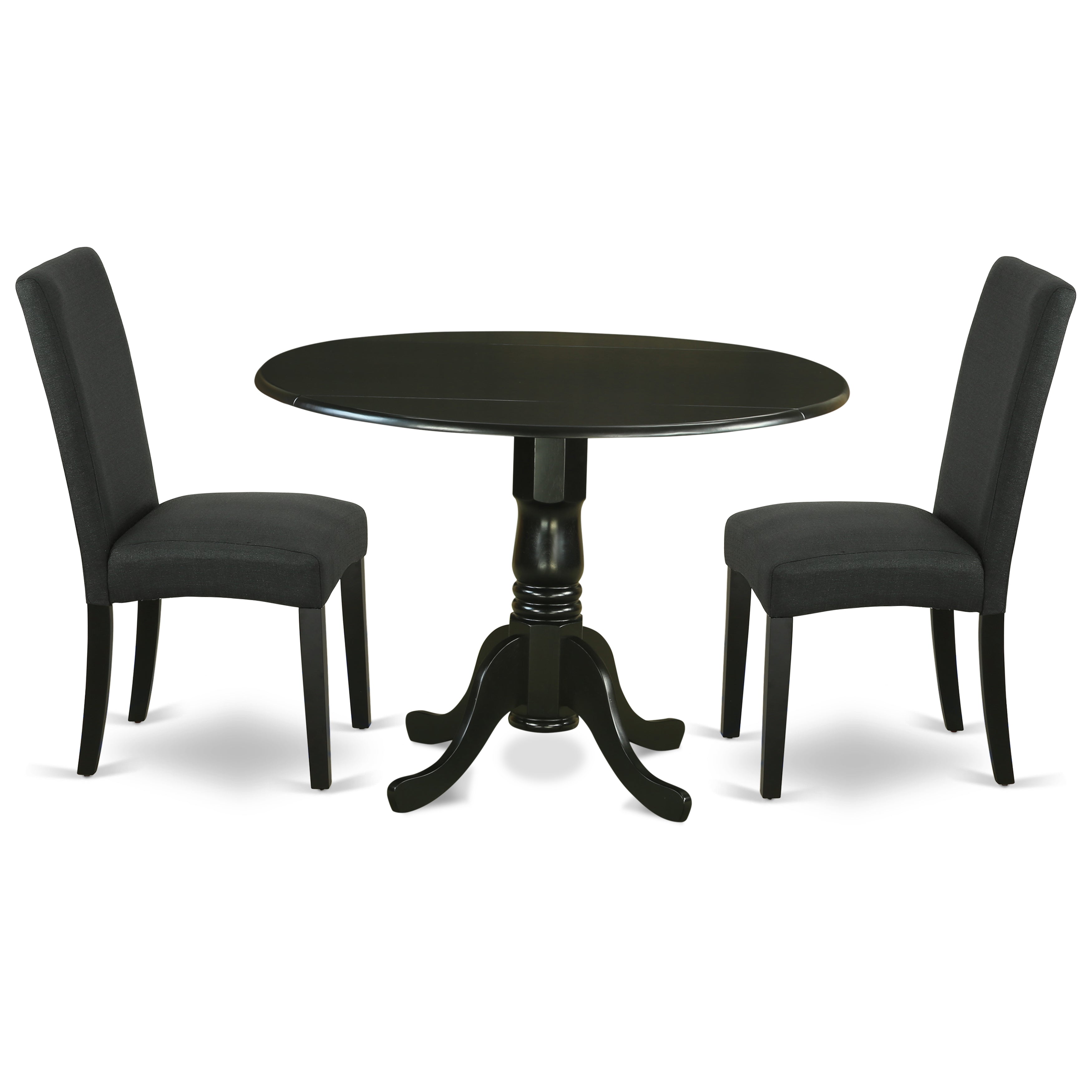 DLDR3-BLK-24 3Pc Round 42 Inch Dining Table With Two 9-Inch Drop Leaves And Two Parson Chair With Black Finish Leg And Linen Fabric- Black Color