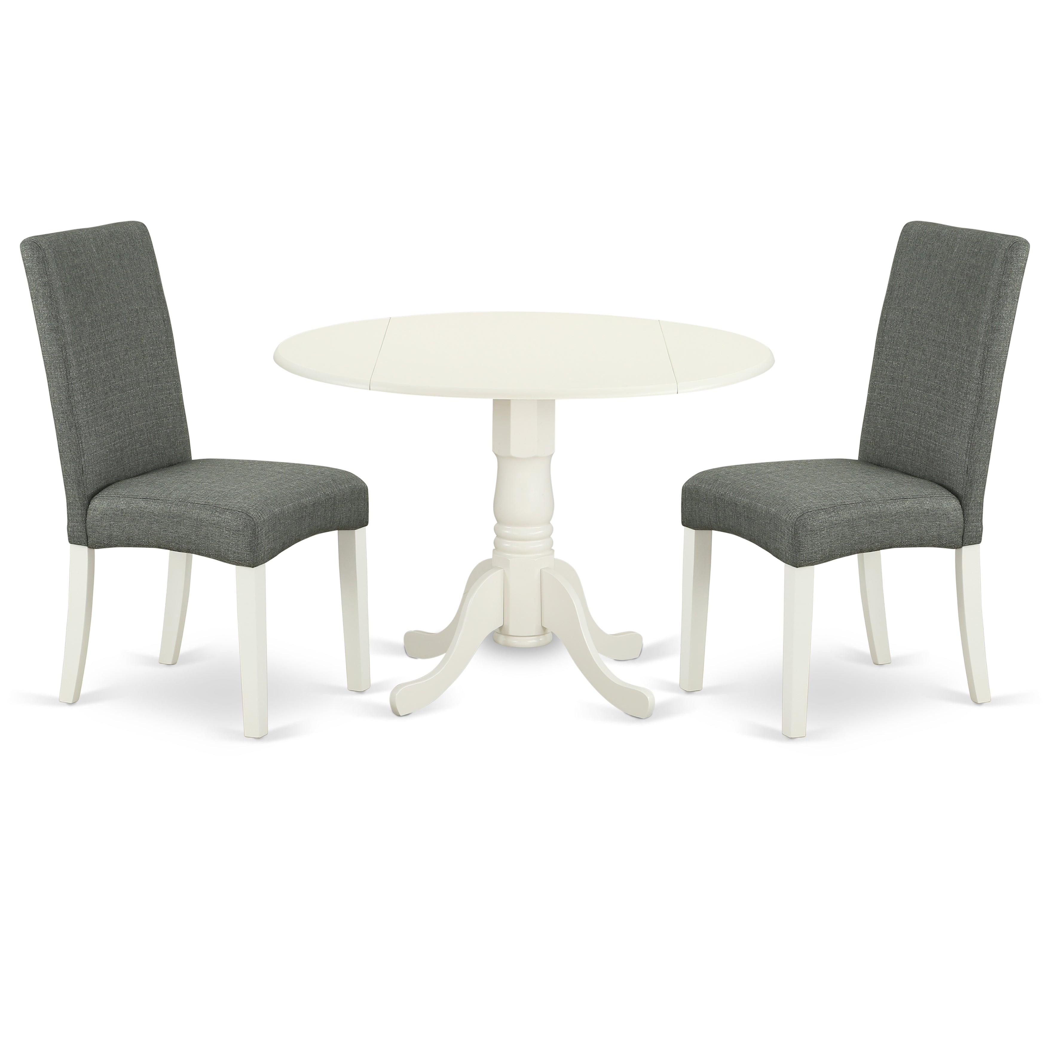 Juego de mesa y sillas de cocina de 3 piezas DLDR3-LWH-07 de East West Furniture. Incluye una mesa de comedor redonda con alas abatibles y dos sillas de comedor Parsons de tela de lino gris.