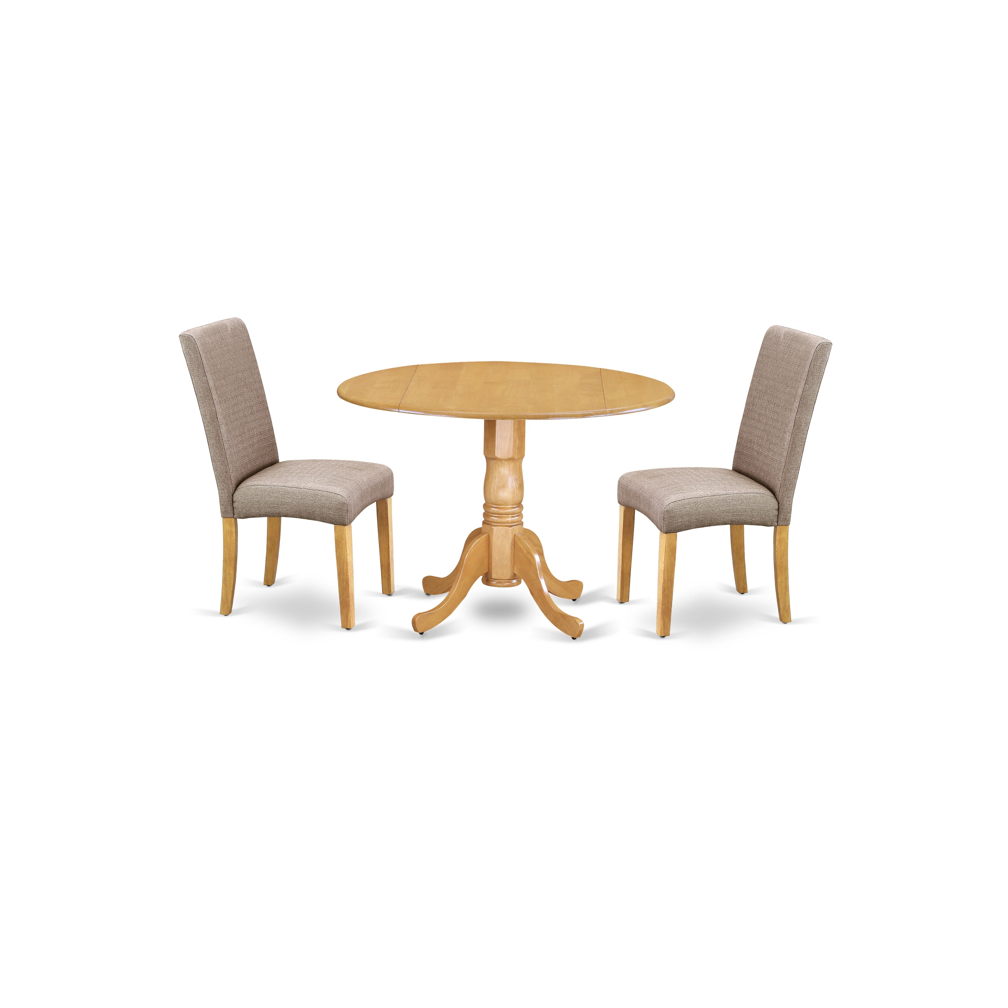 Juego de comedor de 3 piezas East West Furniture DLDR3-OAK-16. Incluye una mesa de comedor redonda con alas abatibles y dos sillas Parsons de tela de lino color caqui oscuro.