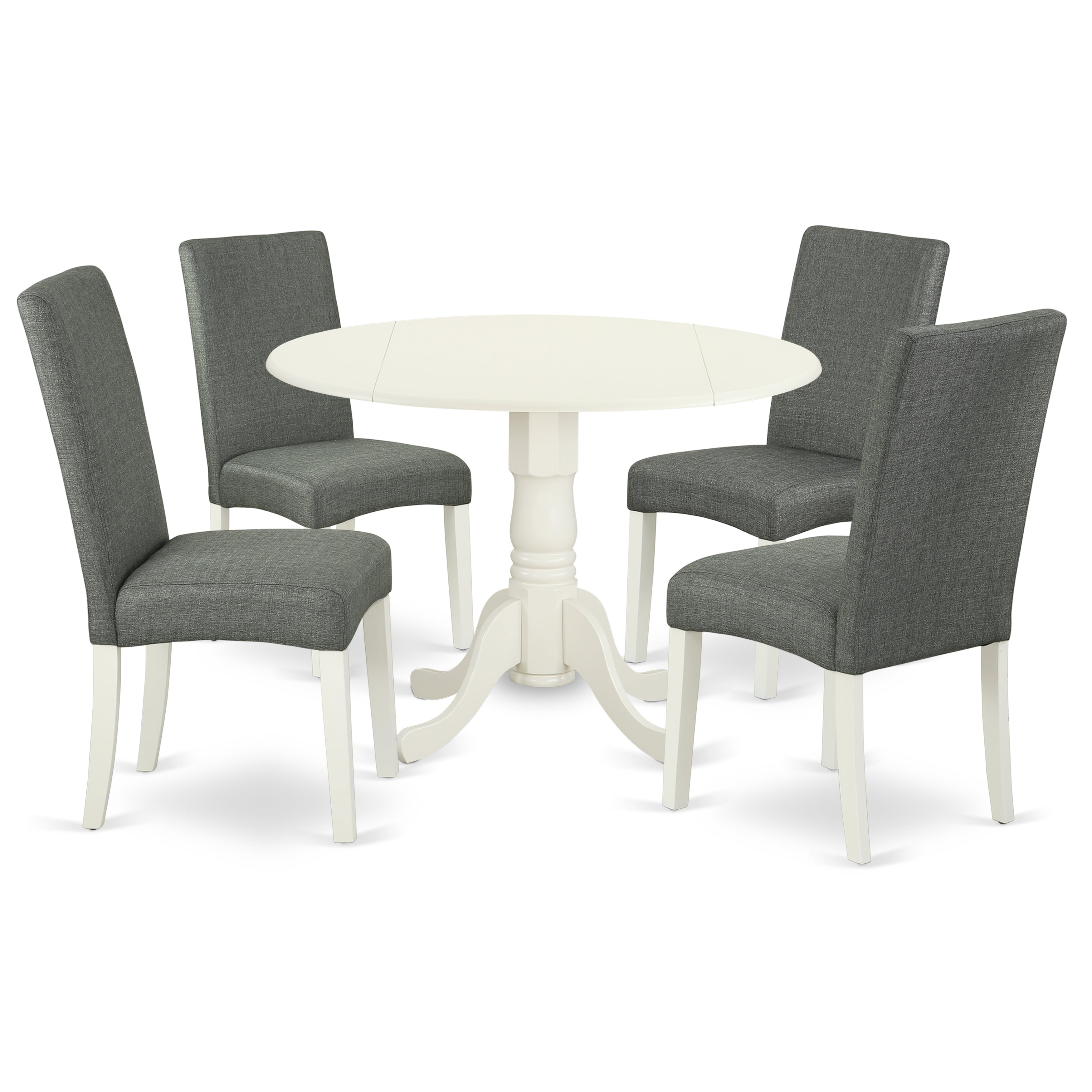 Juego de mesa de comedor moderna de 5 piezas East West Furniture DLDR5-LWH-07. Incluye una mesa redonda de madera con alas abatibles y 4 sillas de comedor Parsons de tela de lino gris.