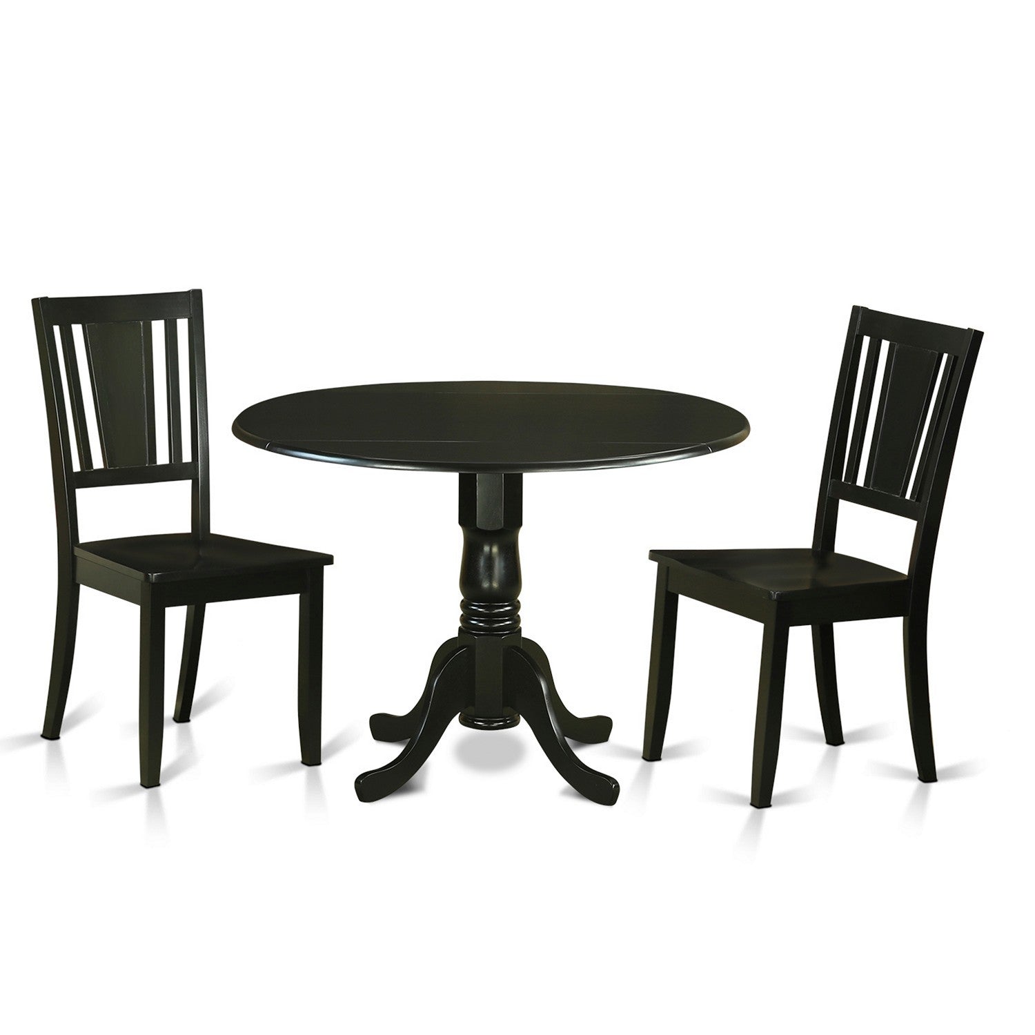 Juego de mesa de cocina de 3 piezas East West Furniture DLDU3-BLK-W para espacios pequeños. Contiene una mesa de comedor redonda con alas abatibles y 2 sillas con asiento de madera maciza.