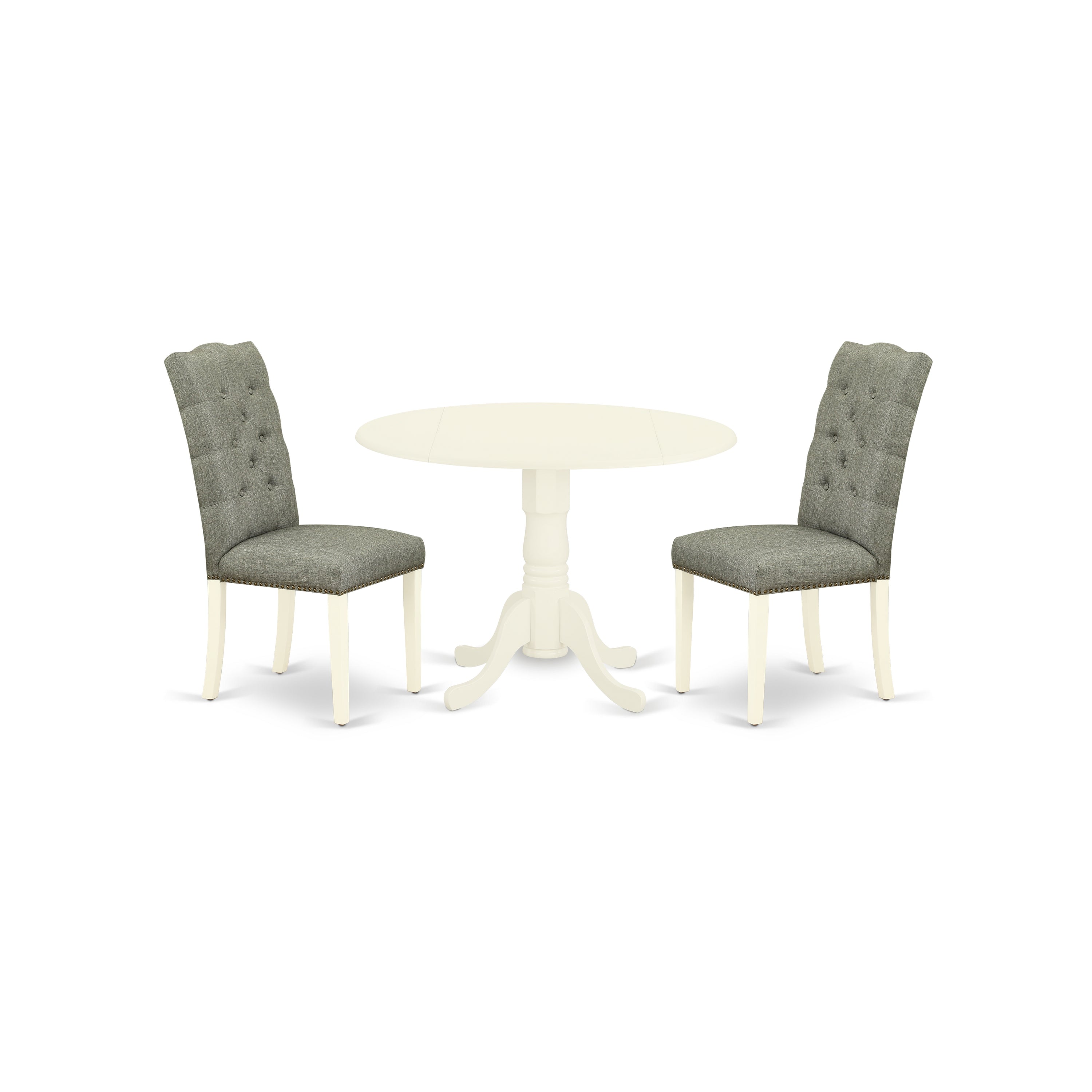 East West Furniture DLEL3-WHI-07 3-Pc Wood Dining Table Set Included a Round Kitchen Table & 2 Parsons Chairs, Smoke Color Linen Fabric Parson Chairs Seat with Rubber Wood Legs, Linen White Finish