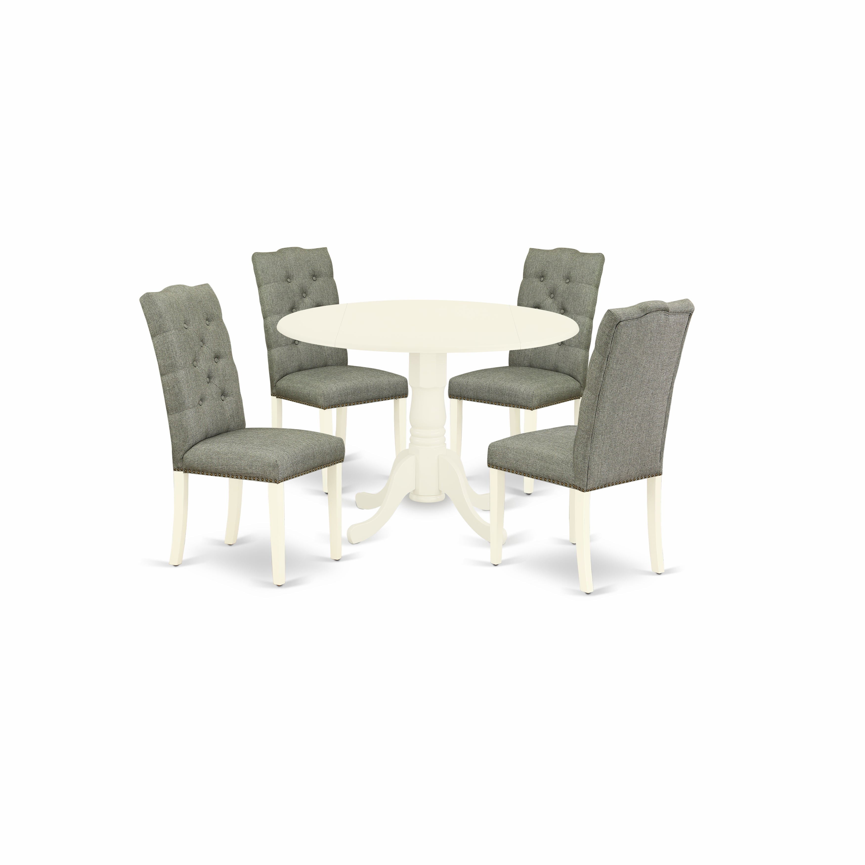East West Furniture DLEL5-WHI-07 5-Pc Round Dinette Table Set Included a Mid Century Dining Table & 4 Parsons Dining Chairs, Smoke Linen Fabric Parsons Chairs Seat with Rubber Wood Legs, Linen White Finish