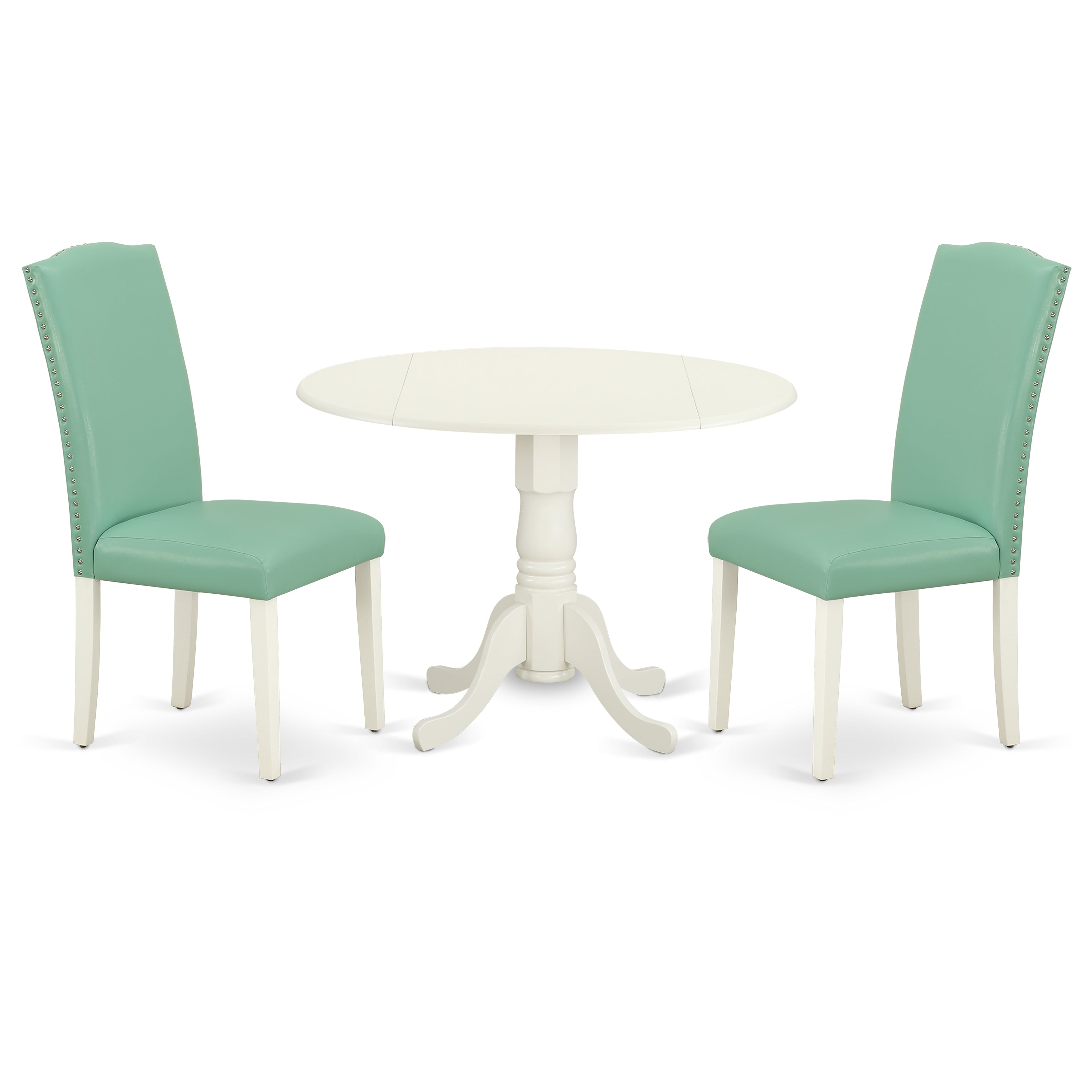 Juego de comedor de 3 piezas East West Furniture DLEN3-LWH-57 que incluye una mesa de comedor redonda con alas abatibles y dos sillas Parson tapizadas en piel sintética.