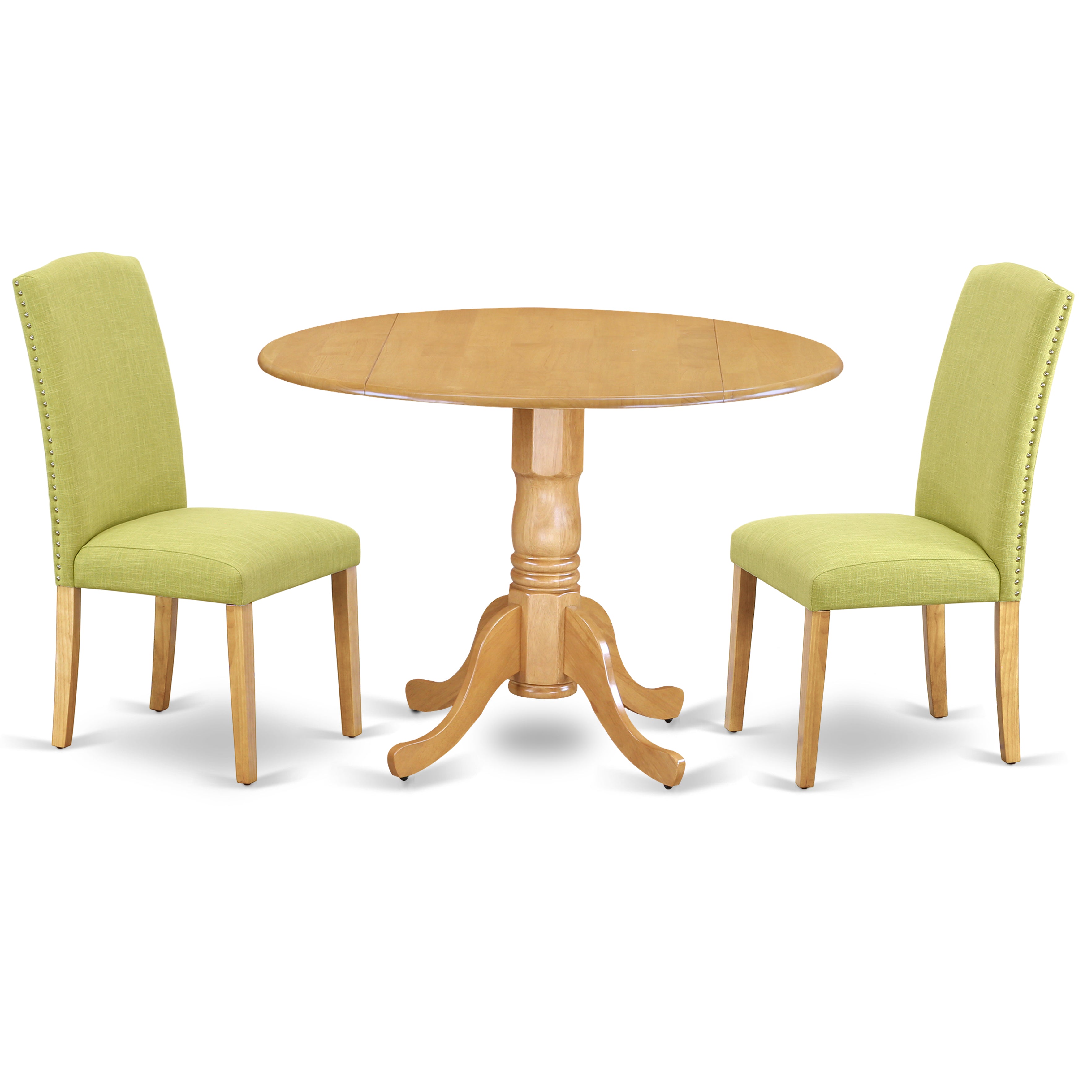 Juego de mesa de cocina de 3 piezas DLEN3-OAK-07 de East West Furniture. Contiene una mesa de comedor redonda con alas abatibles y 2 sillas de comedor Parson de tela de lino Limelight.