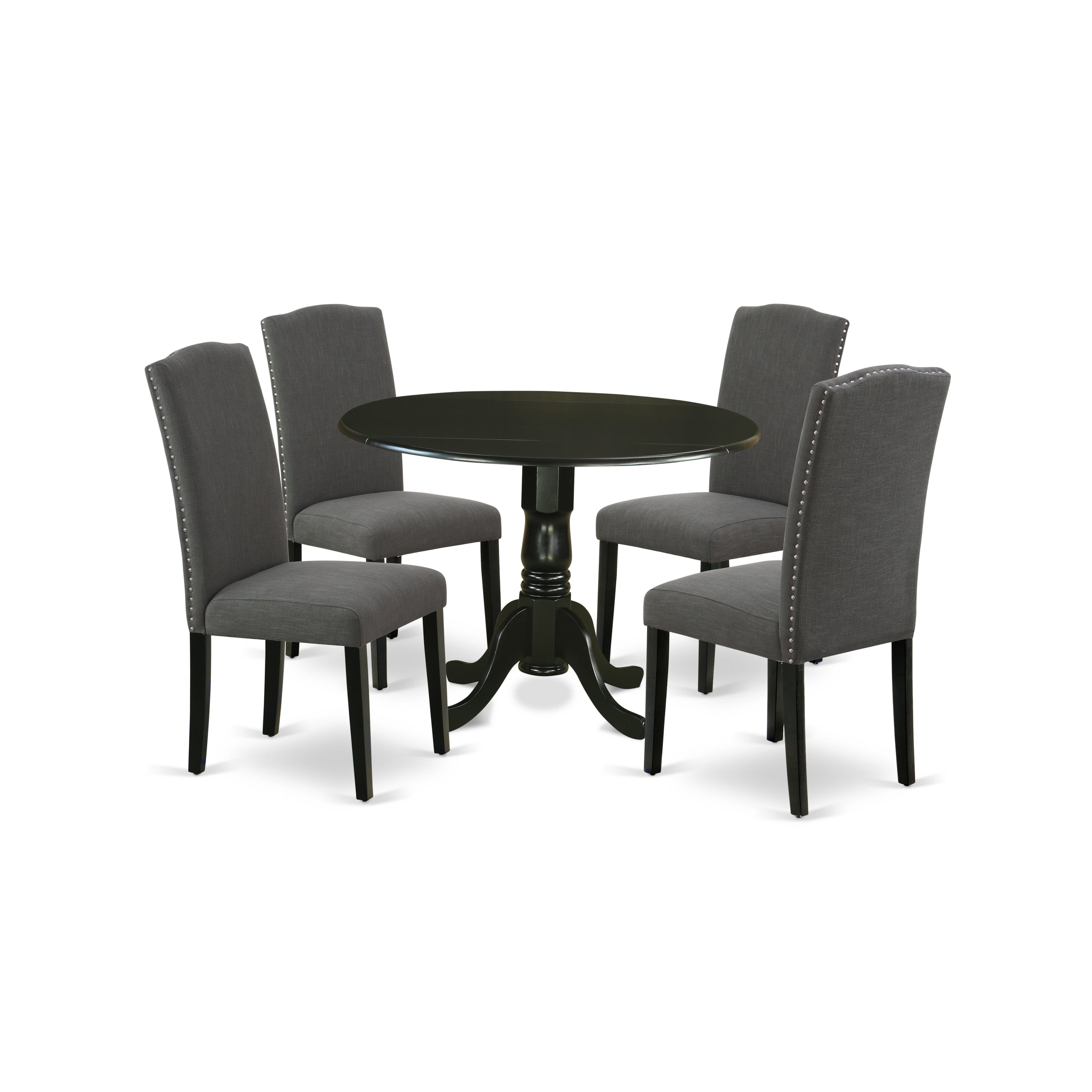 DLEN5-BLK-20 5Pc Round 42" Kitchen Table With Two 9-Inch Drop Leaves And Four Parson Chair With Black Leg And Linen Fabric Dark Gotham Grey