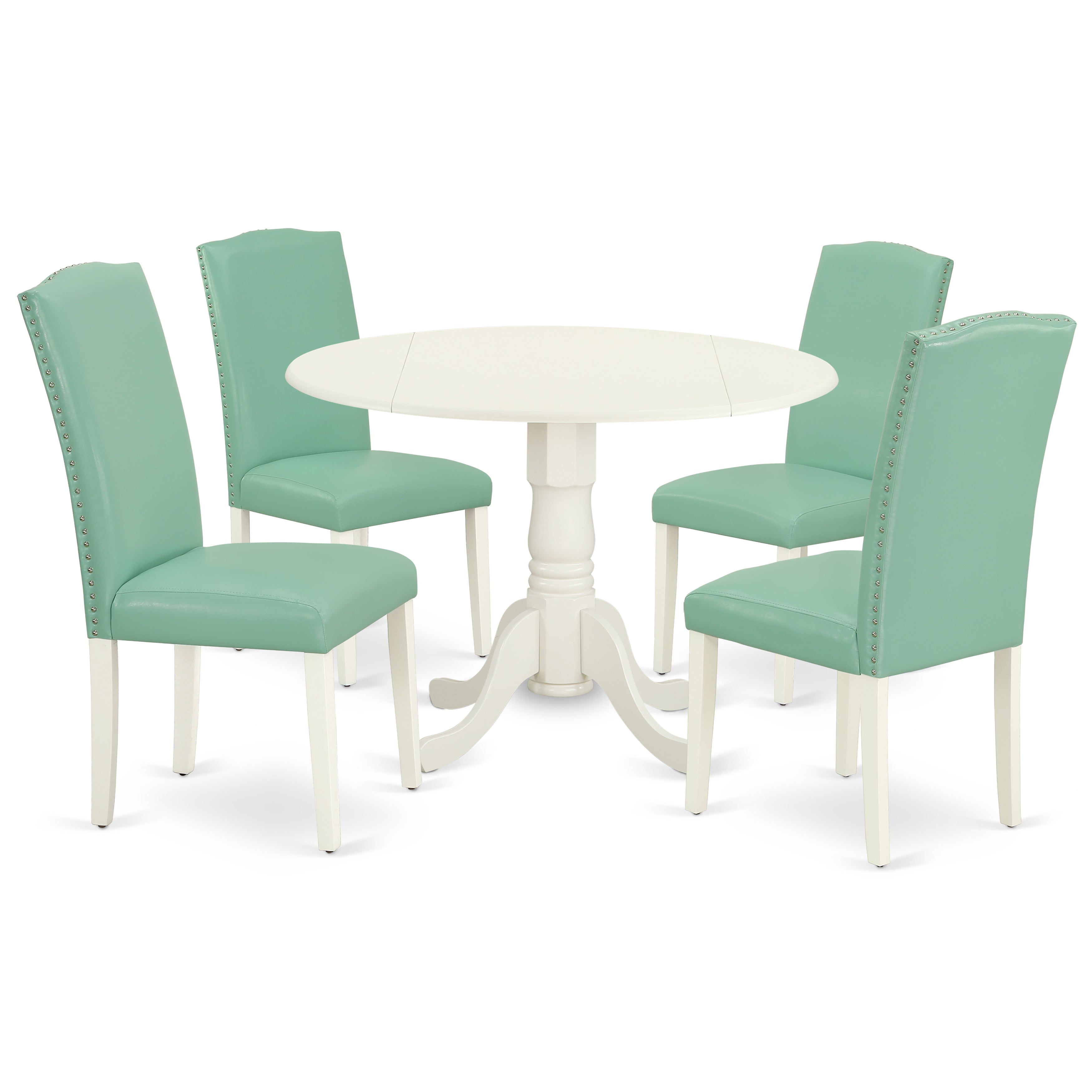 El juego de mesa de comedor de 5 piezas East West Furniture DLEN5-LWH-57 incluye una mesa de cocina redonda con alas abatibles y 4 sillas de comedor Parson de cuero sintético Pond
