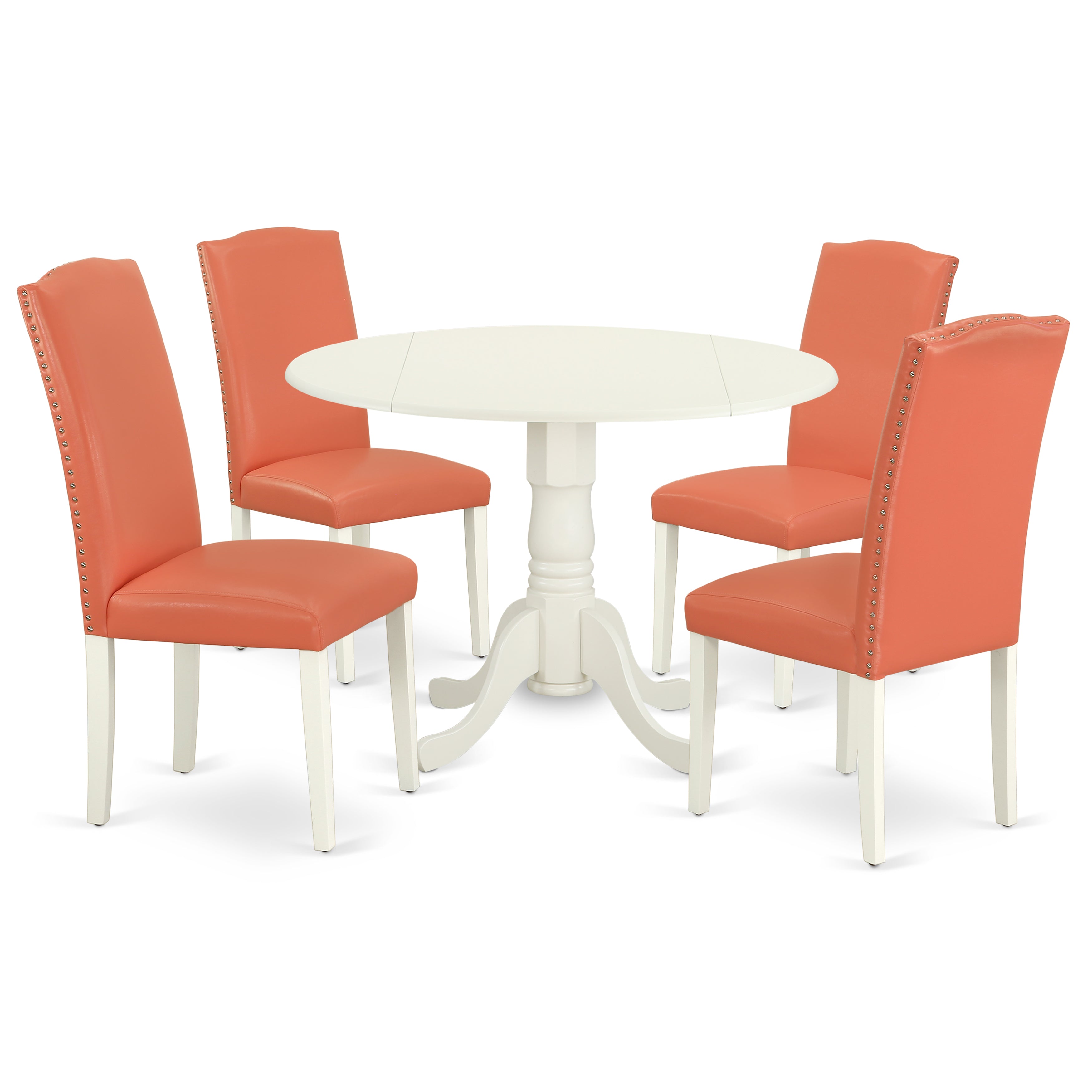 El juego de comedor de 5 piezas DLEN5-LWH-78 de East West Furniture incluye una mesa de comedor redonda con alas abatibles y 4 sillas Parson tapizadas en piel sintética con diseño de flamencos rosados.