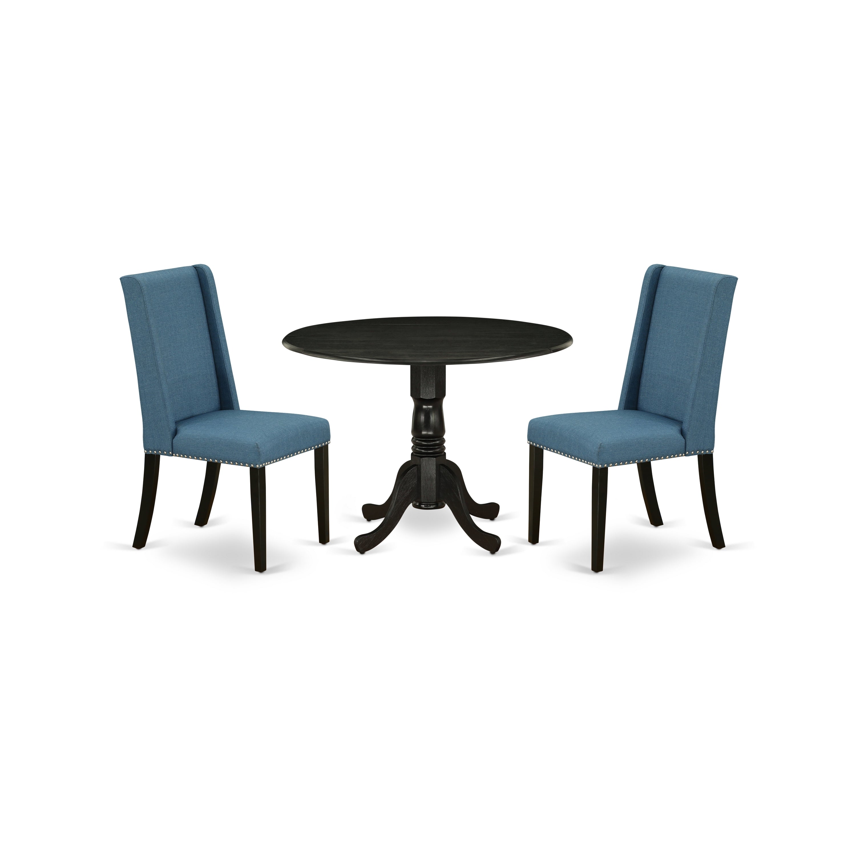 East West Furniture DLFL3-BLK-21 3-Piece Dining Table Set Included a Round Wood Dining Table & 2 Modern Dining Chairs, Mineral Blue Linen Fabric Dining Room Chairs Seat with Black Rubber Wood Legs, Black Finish