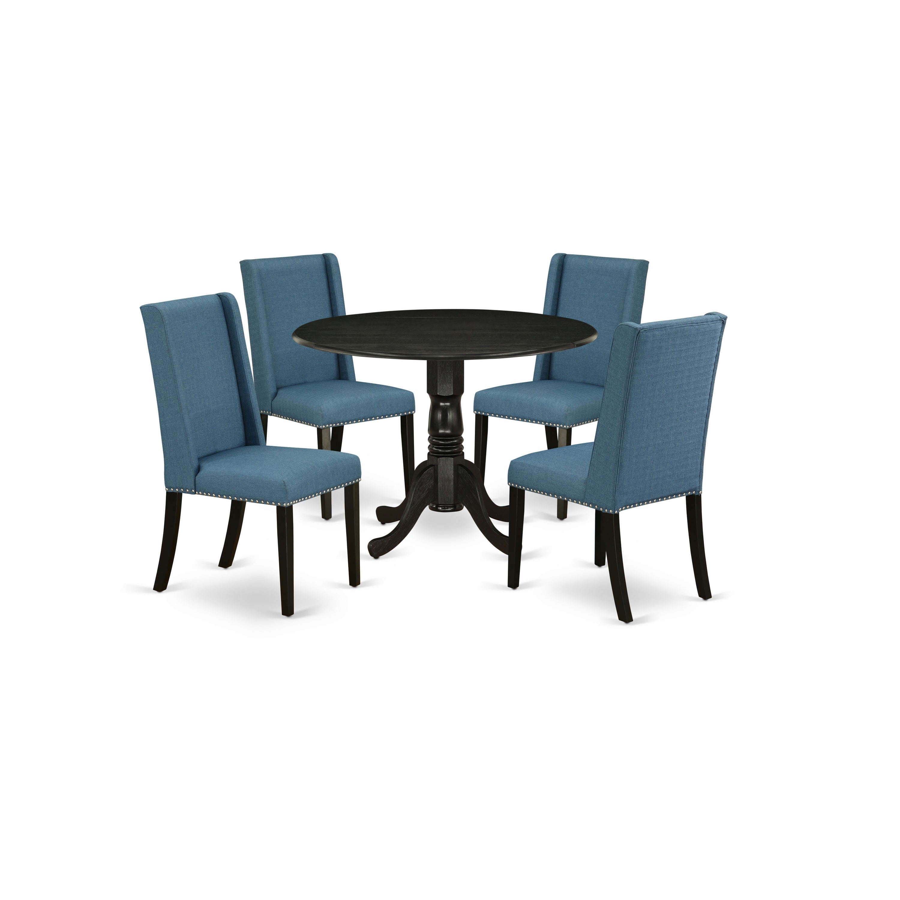 El juego de mesa de comedor de 5 piezas DLFL5-ABK-21 de East West Furniture incluye una mesa de comedor redonda con alas abatibles y 4 sillas Parson tapizadas en tela de lino azul.