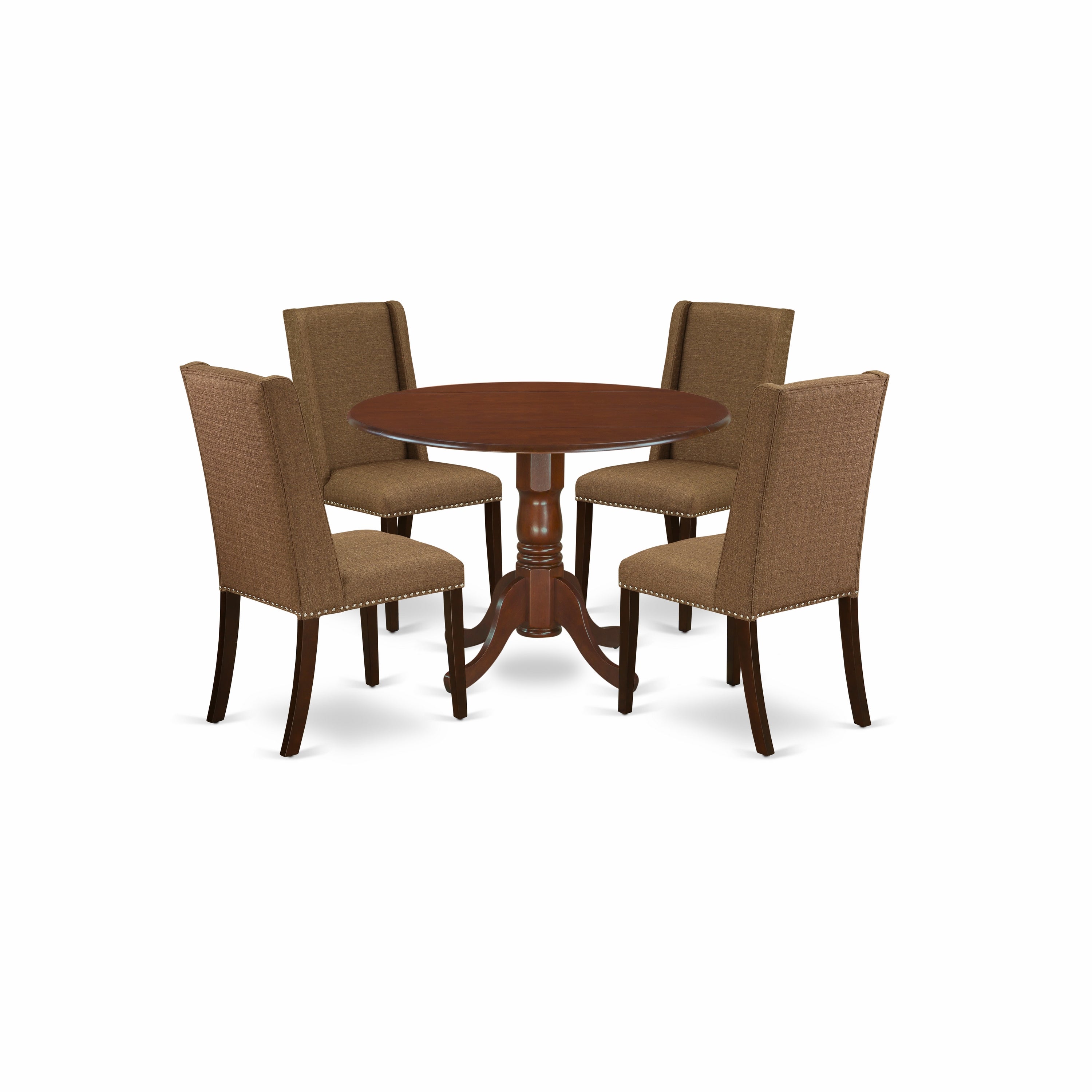 Juego de mesa de cocina de 5 piezas East West Furniture DLFL5-MAH-18 para 4 personas. Incluye una mesa de comedor redonda con alas abatibles y 4 sillas de comedor Parson de tela de lino marrón.