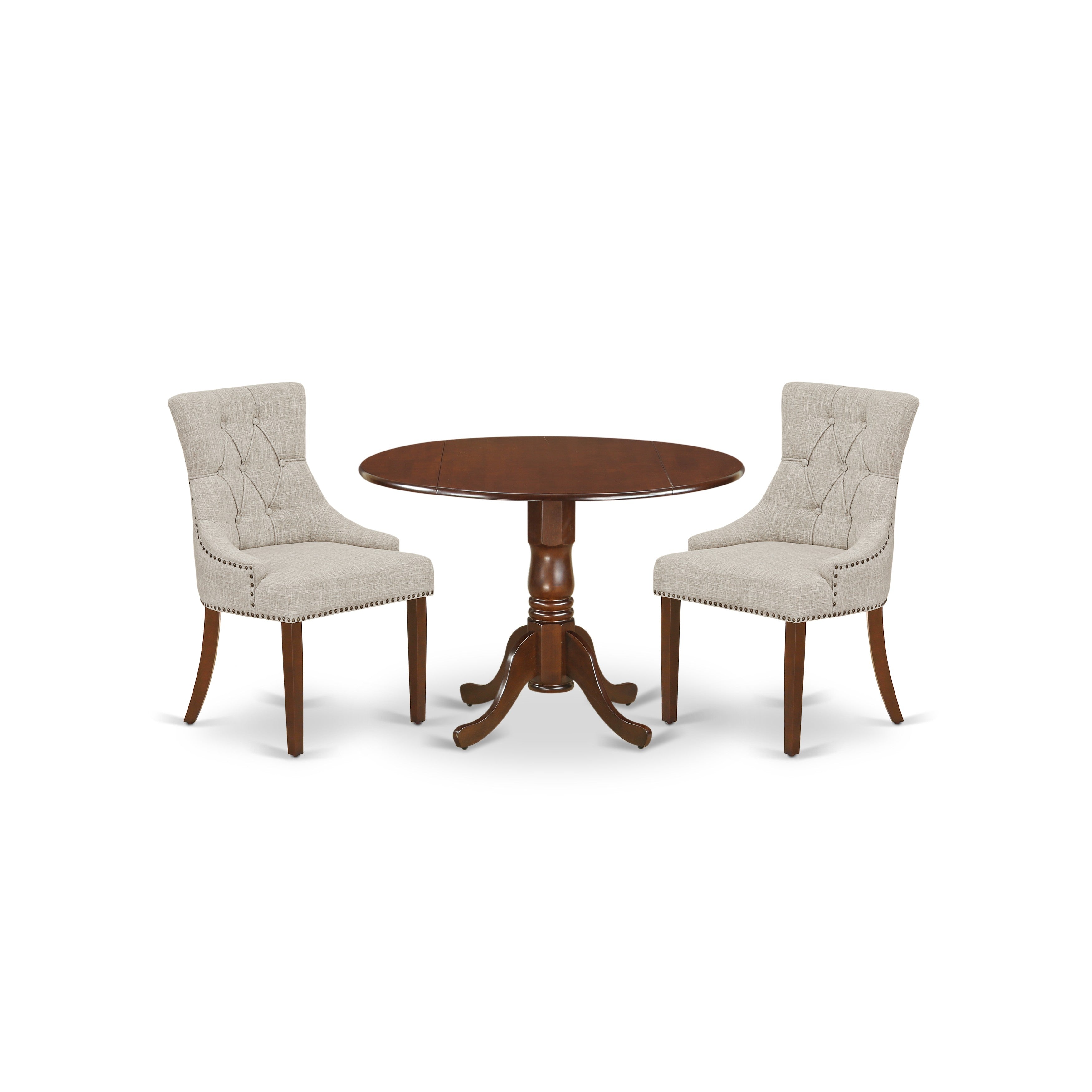 Juego de comedor de 3 piezas East West Furniture DLFR3-MAH-05 para espacios pequeños. Contiene una mesa de comedor redonda con alas abatibles y 2 sillas tapizadas en tela de lino y piel de venado.