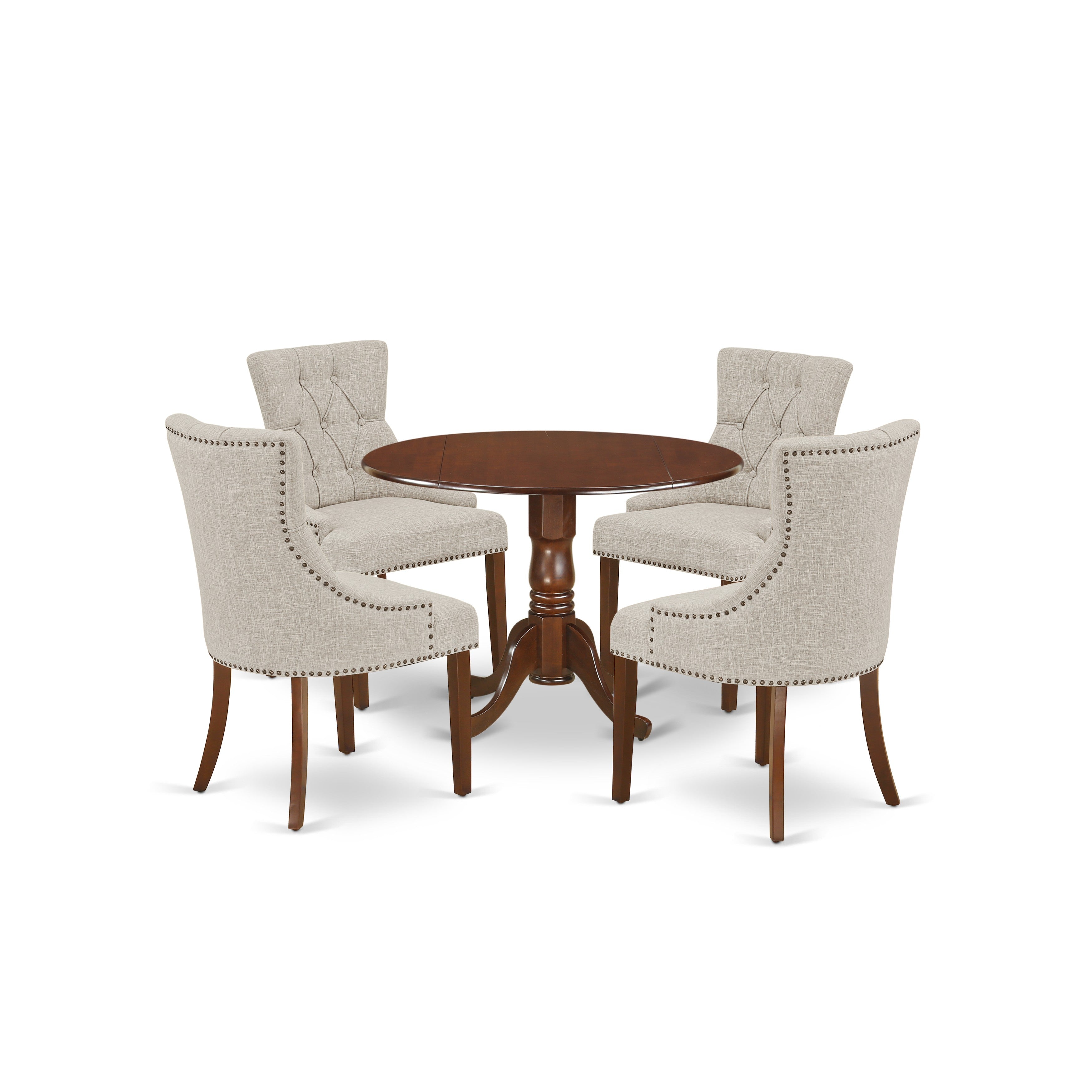 DLFR5-MAH-05 5Pc Dining Set Includes a Round Dinette Table with Drop Leaves and Four Parson Chairs with Doeskin Fabric, Mahogany Finish
