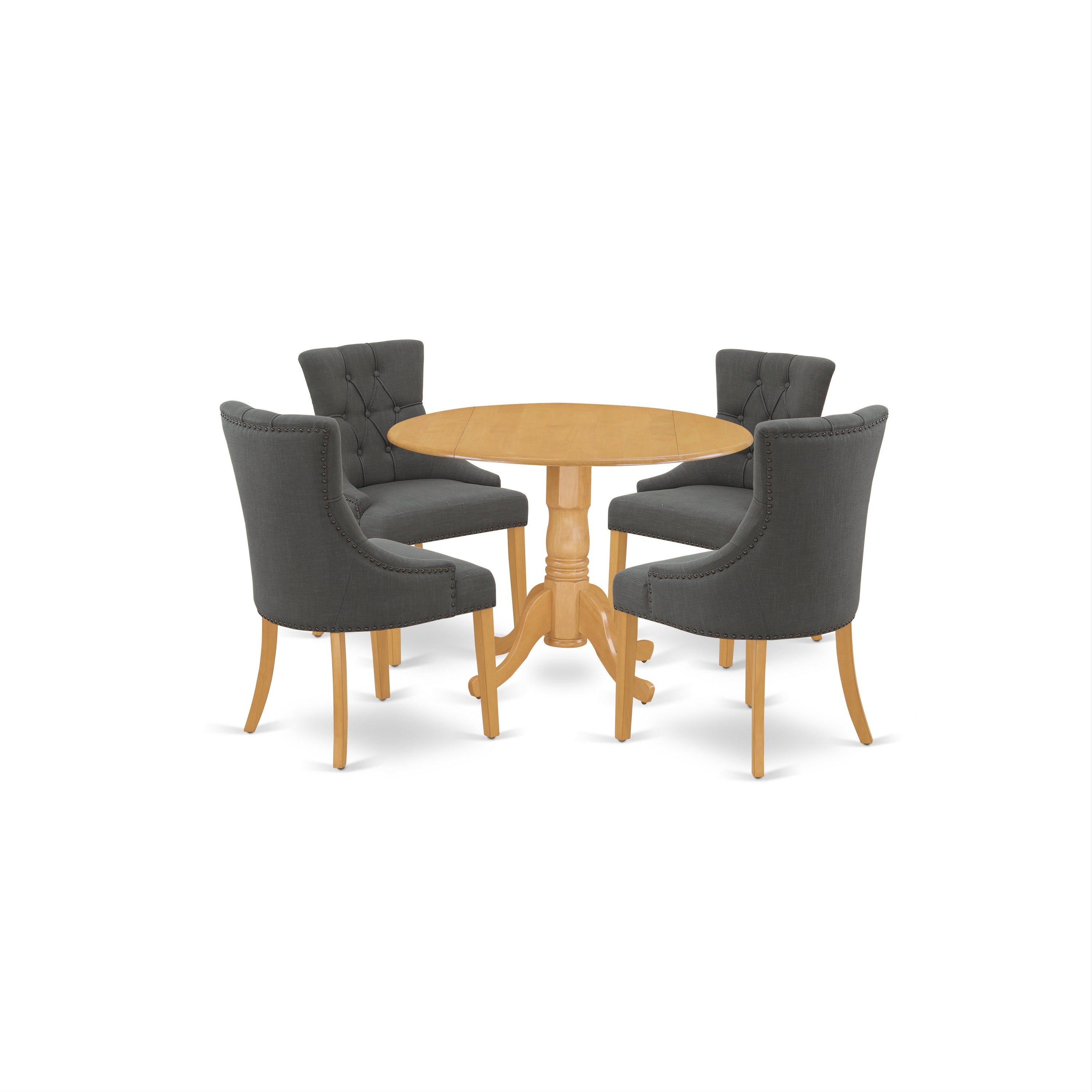 El juego de comedor de 5 piezas DLFR5-OAK-20 de East West Furniture incluye una mesa de comedor redonda con alas abatibles y 4 sillas Parson tapizadas en tela de lino Gotham oscuro.
