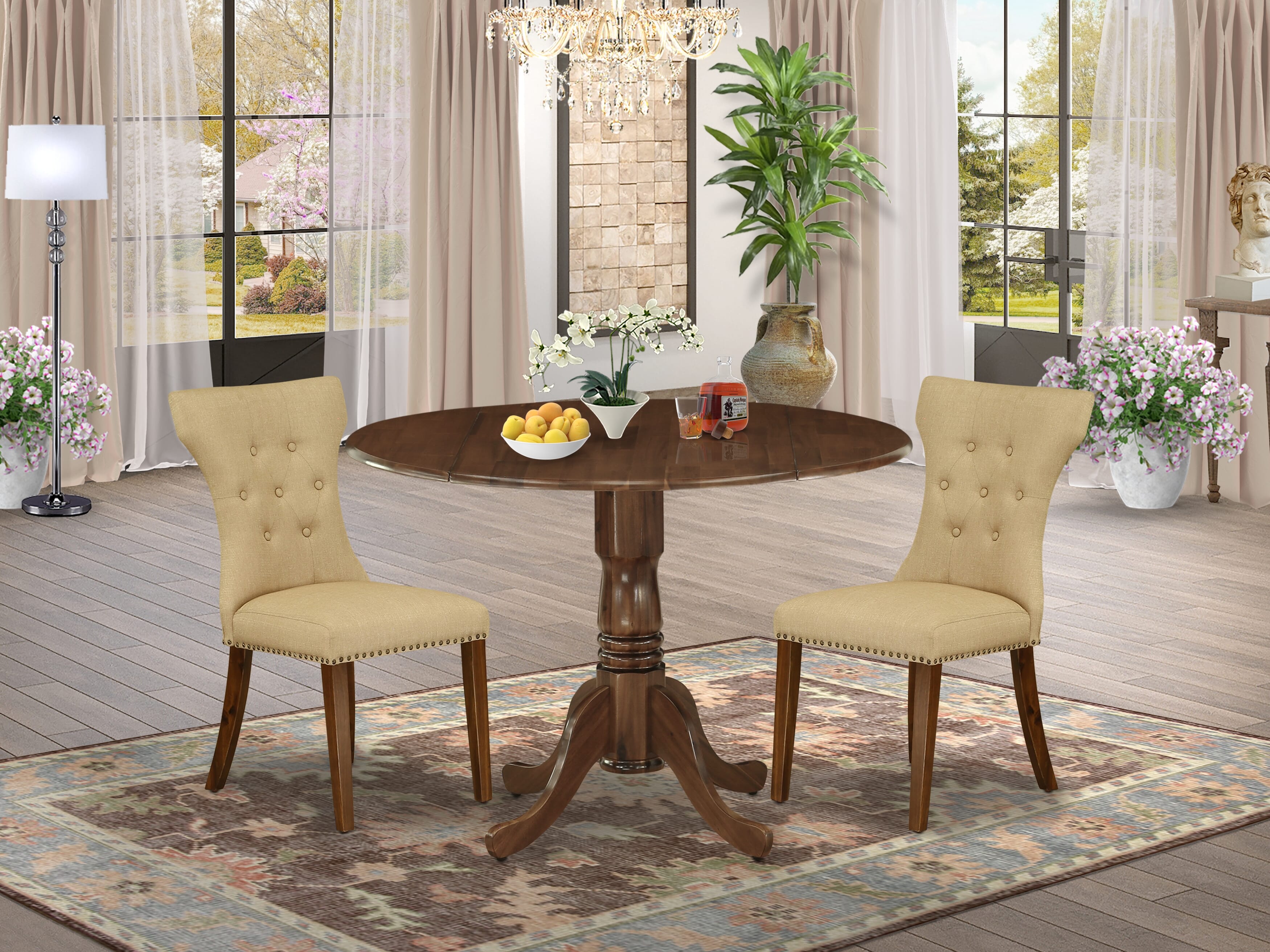 East West Furniture DLGA3-AWA-03 3 Piece Dining Room Table Set Contains a Round Kitchen Table with Dropleaf and 2 Parson Chairs, 42x42 Inch, Antique Walnut