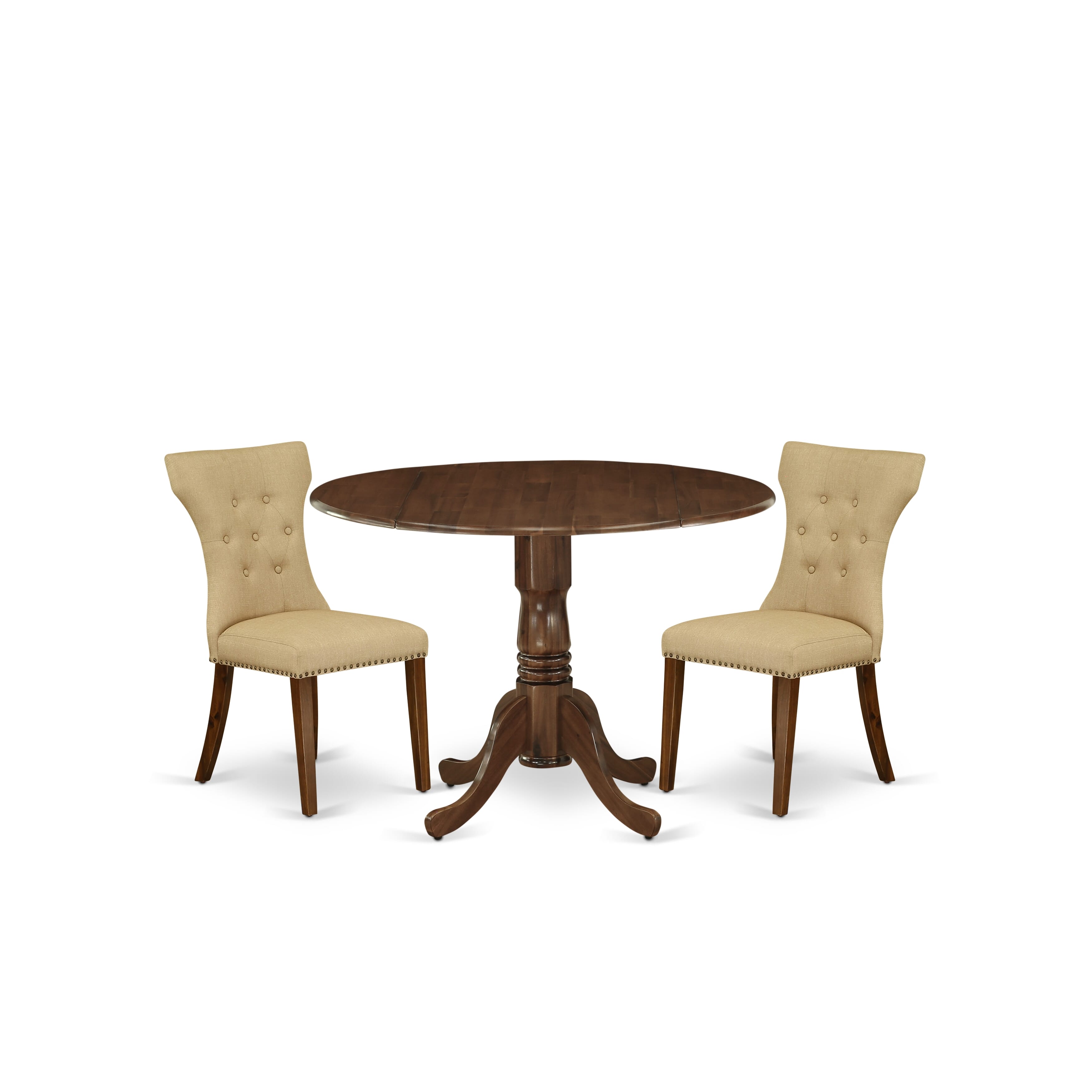East West Furniture DLGA3-AWA-03 3 Piece Dining Room Table Set Contains a Round Kitchen Table with Dropleaf and 2 Parson Chairs, 42x42 Inch, Antique Walnut