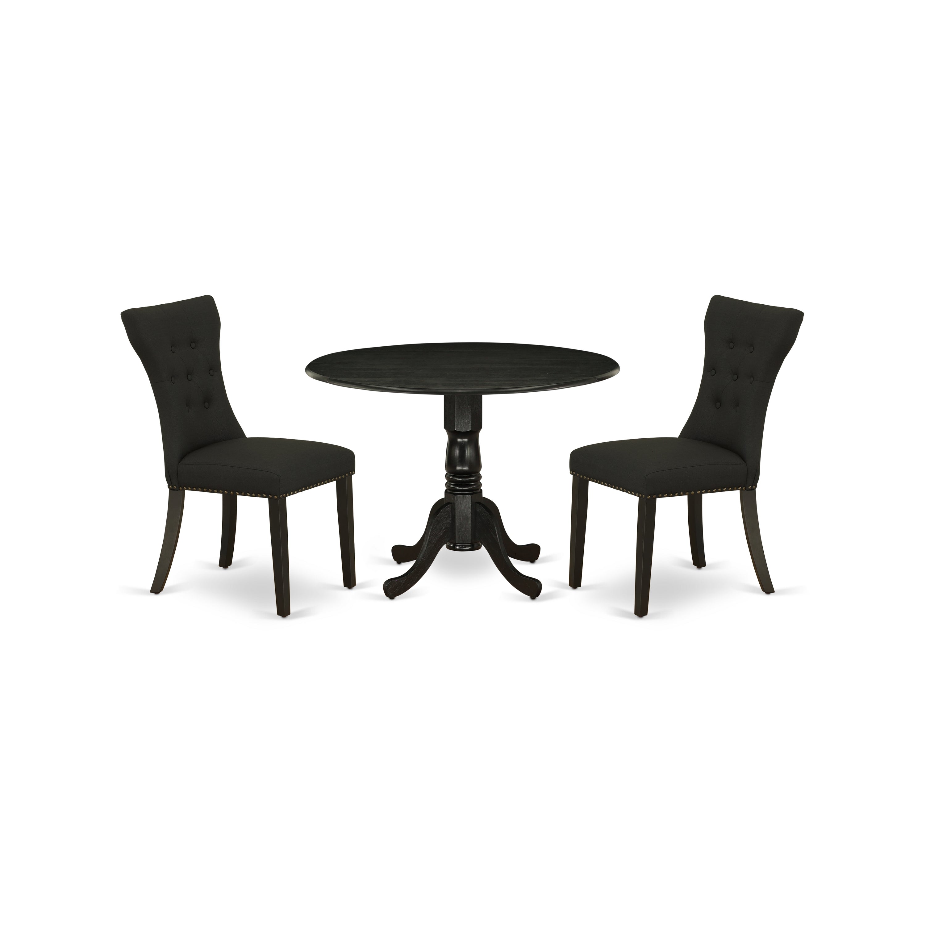 East West Furniture DLGA3-BLK-24 3-Pc Table and Chairs Dining Set Included a Round Dinner Table & 2 Kitchen Chairs, Black Linen Fabric Padded Parson Chairs Seat with Rubber Wood Legs, Black Finish