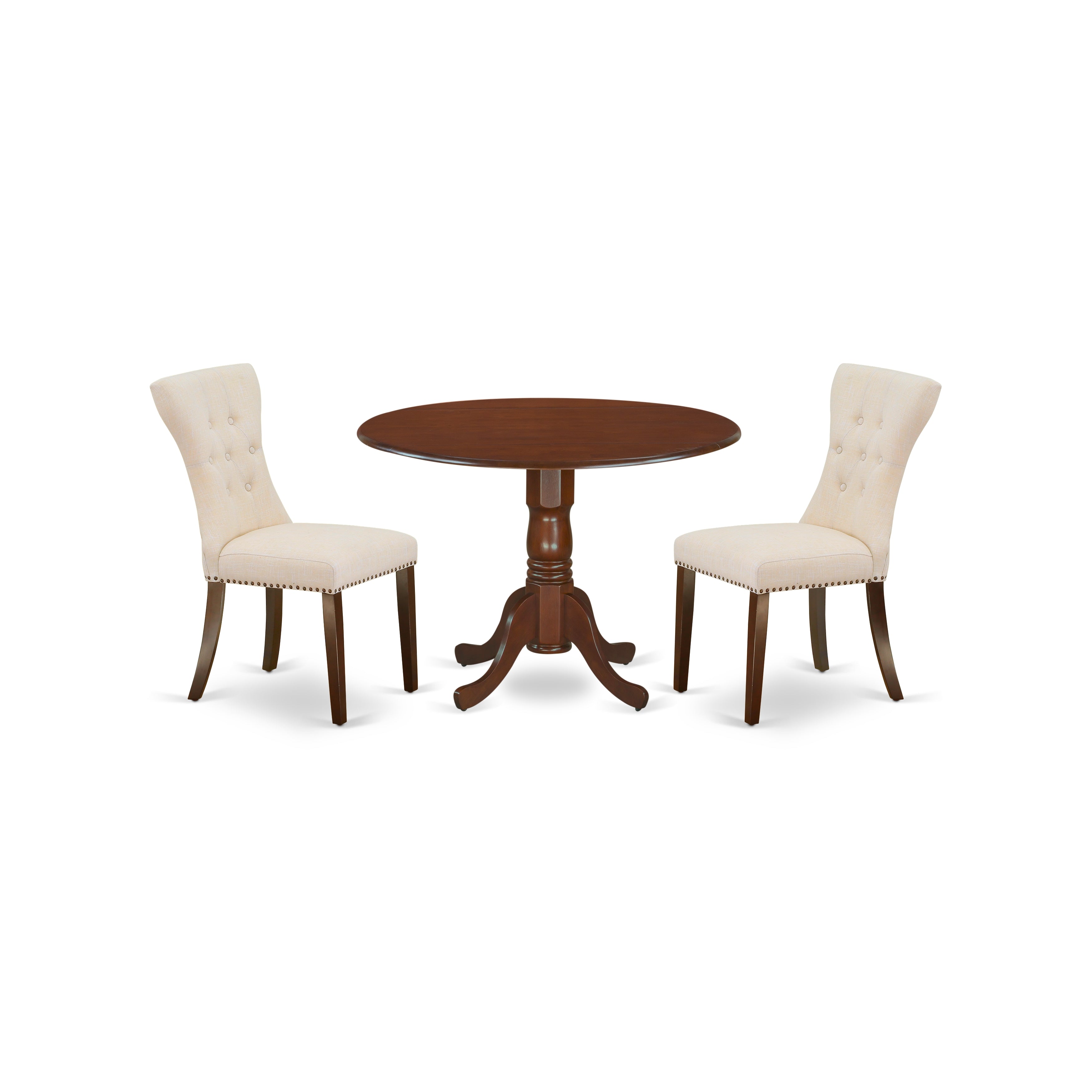 East West Furniture DLGA3-MAH-32 3-Piece Wooden Dining Table Set Included a Round Dining Room Table & 2 Kitchen Parson Chairs, Light Beige Linen Fabric Kitchen Chairs Seat with Rubber Wood Legs, Mahogany Finish