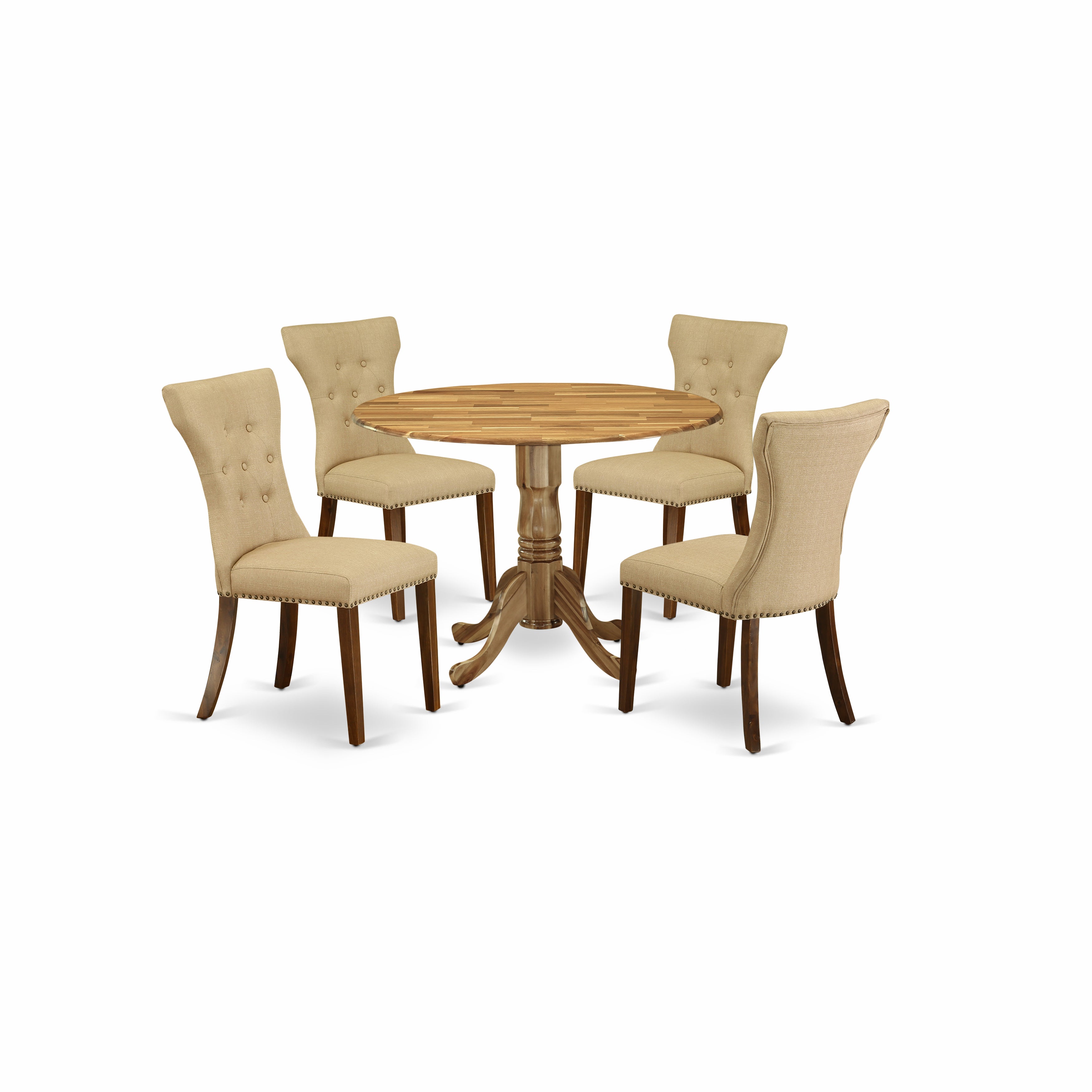 El juego de mesa y sillas de cocina de 5 piezas DLGA5-ANA-03 de East West Furniture incluye una mesa de comedor redonda con alas abatibles y 4 sillas de comedor Parson de tela de lino marrón.