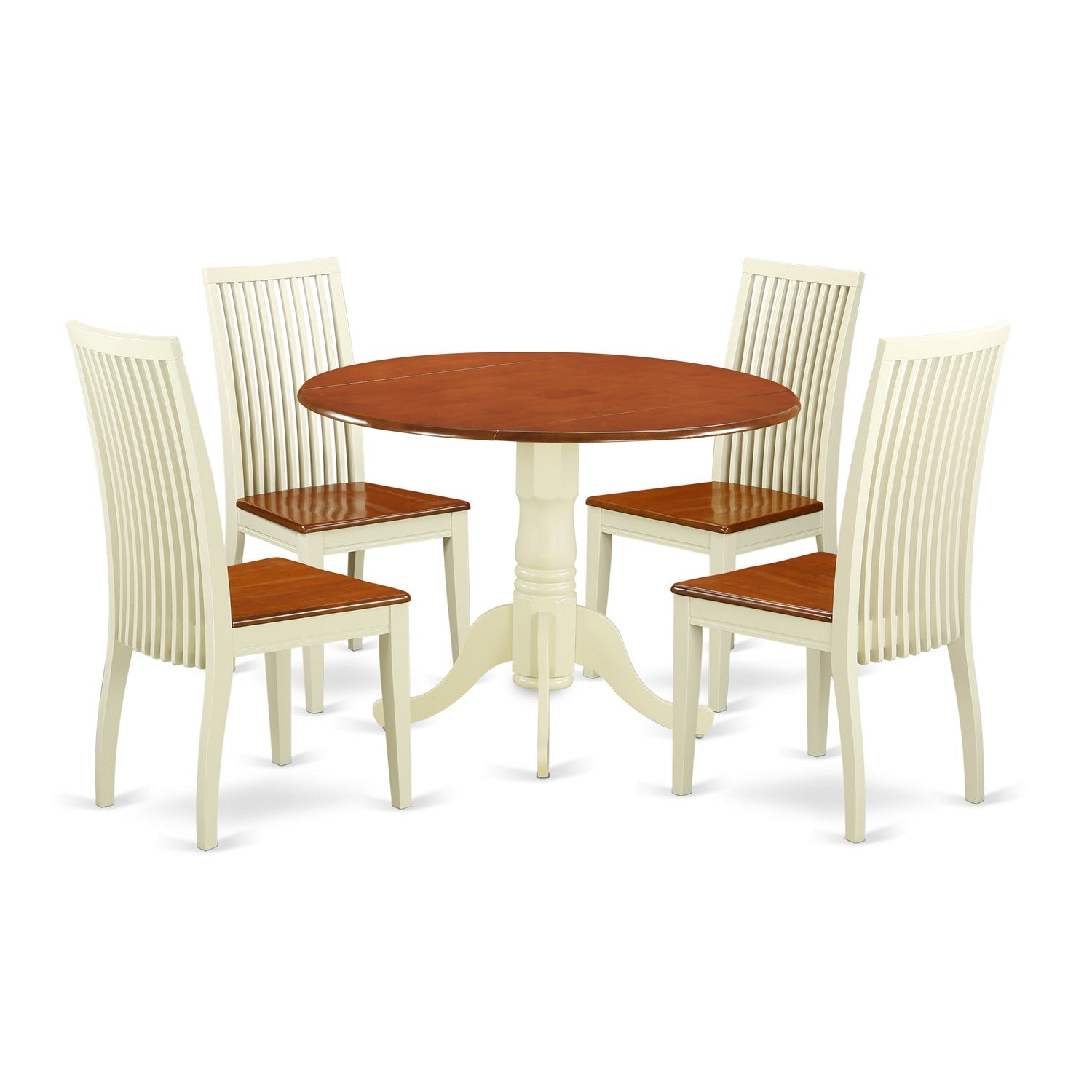 El juego de mesa de comedor de 5 piezas DLIP5-BMK-W de East West Furniture incluye una mesa de cocina redonda con alas abatibles y 4 sillas de comedor.