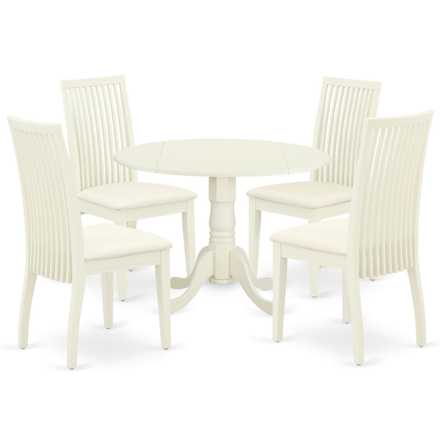 DLIP5-WHI-C 5Pc Dining Set Includes a Round Dinette Table with Drop Leaves and Four Linen Seat Dining Chairs, White Finish