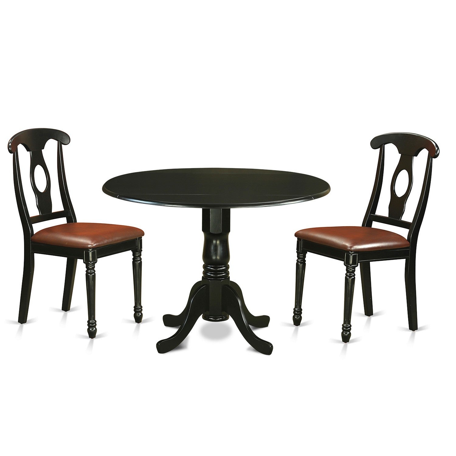 El juego de mesa y sillas de cocina de 3 piezas DLKE3-BLK-LC de East West Furniture incluye una mesa de comedor redonda con alas abatibles y 2 sillas de comedor de piel sintética.