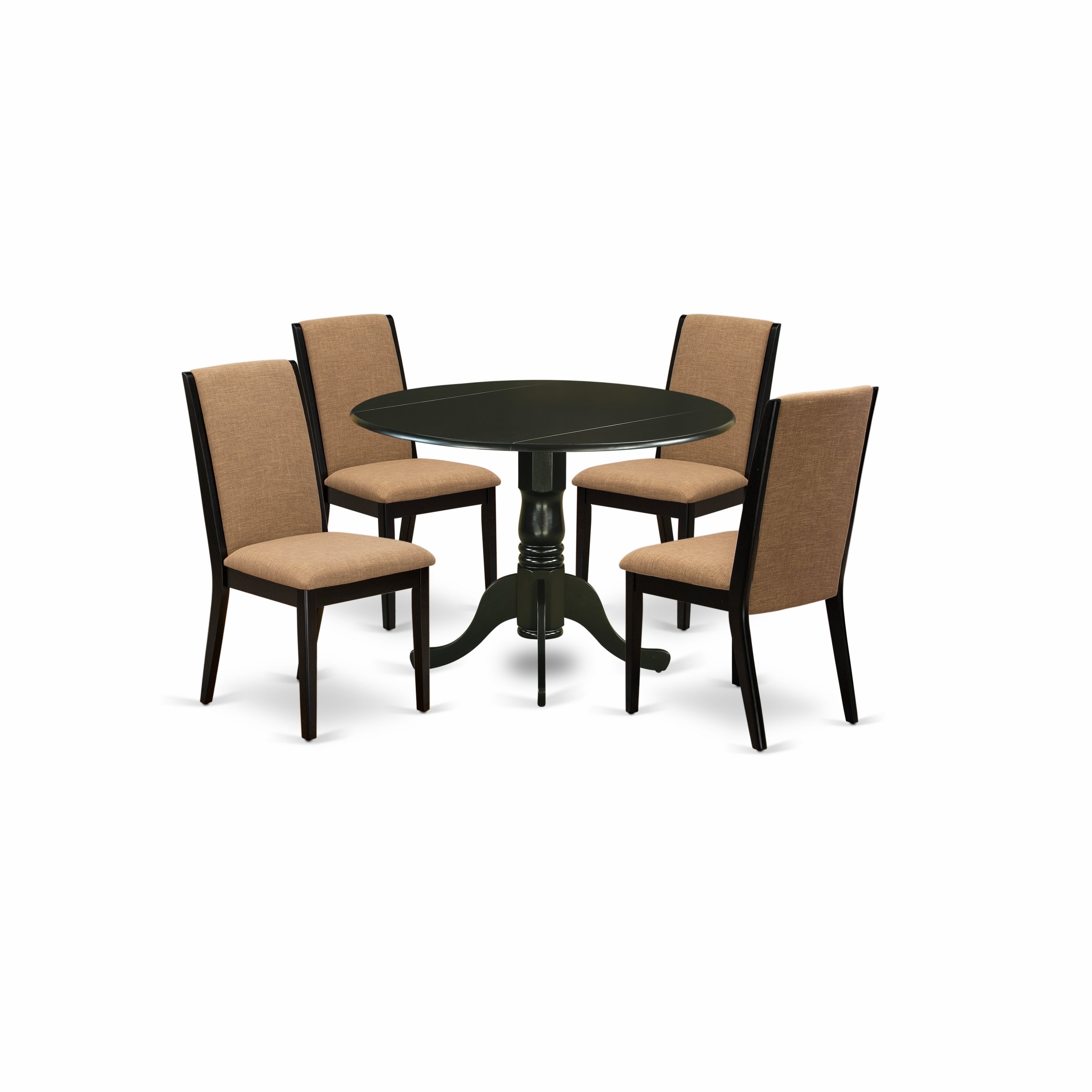 El juego de comedor de 5 piezas DLLA5-BLK-47 de East West Furniture incluye una mesa de comedor redonda con alas abatibles y 4 sillas Parson tapizadas en tela de lino color sable claro.