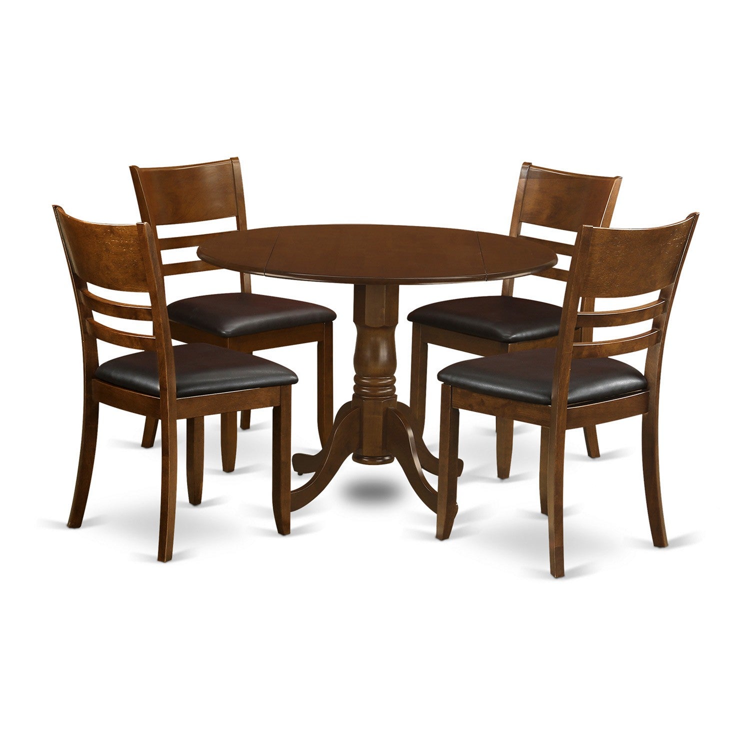 El juego de mesa y sillas de cocina de 5 piezas DLLY5-ESP-LC de East West Furniture incluye una mesa de comedor redonda con alas abatibles y 4 sillas de comedor de cuero sintético.