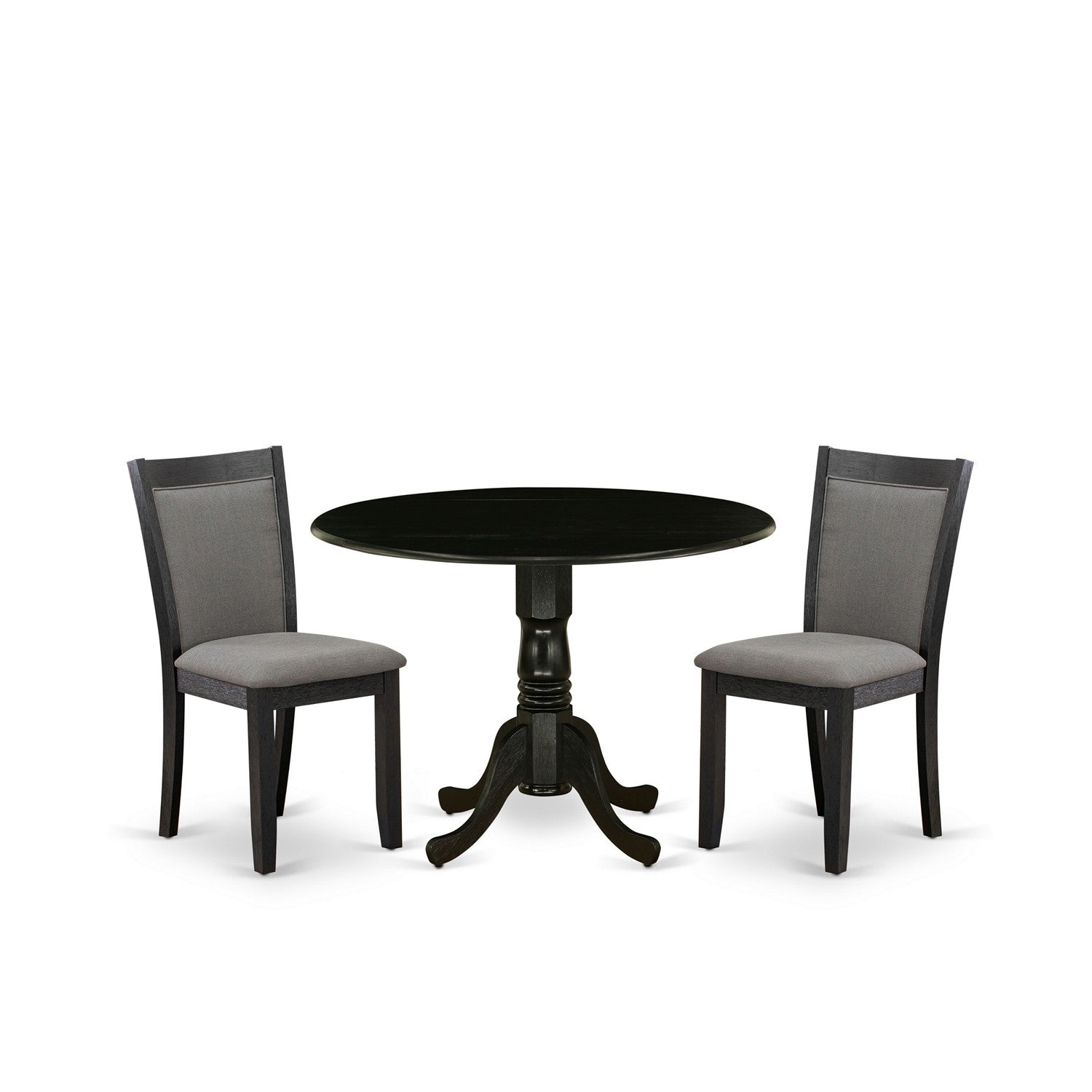 East West Furniture DLMZ3-AB6-50 3-Piece Dining Set Includes a Dining Table with Drop Leaves and 2 Dark Gotham Grey Linen Fabric Dining Chairs - Wire Brushed Black Finish