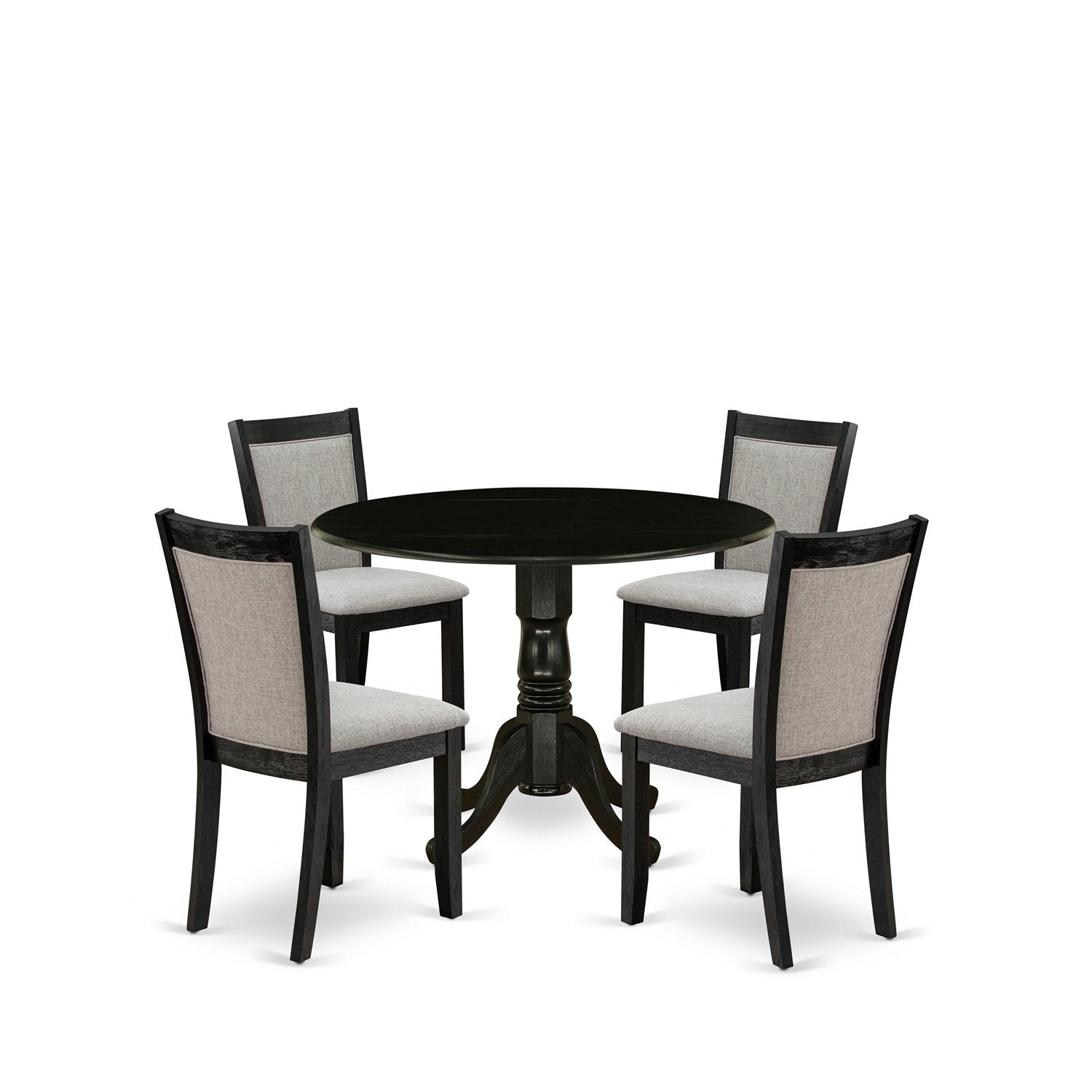 East West Furniture DLMZ5-AB6-06 5-Pc Dinette Set Contains a Pedestal Table with Drop Leaves and 4 Shitake Linen Fabric Parson Dining Chairs - Wire Brushed Black Finish