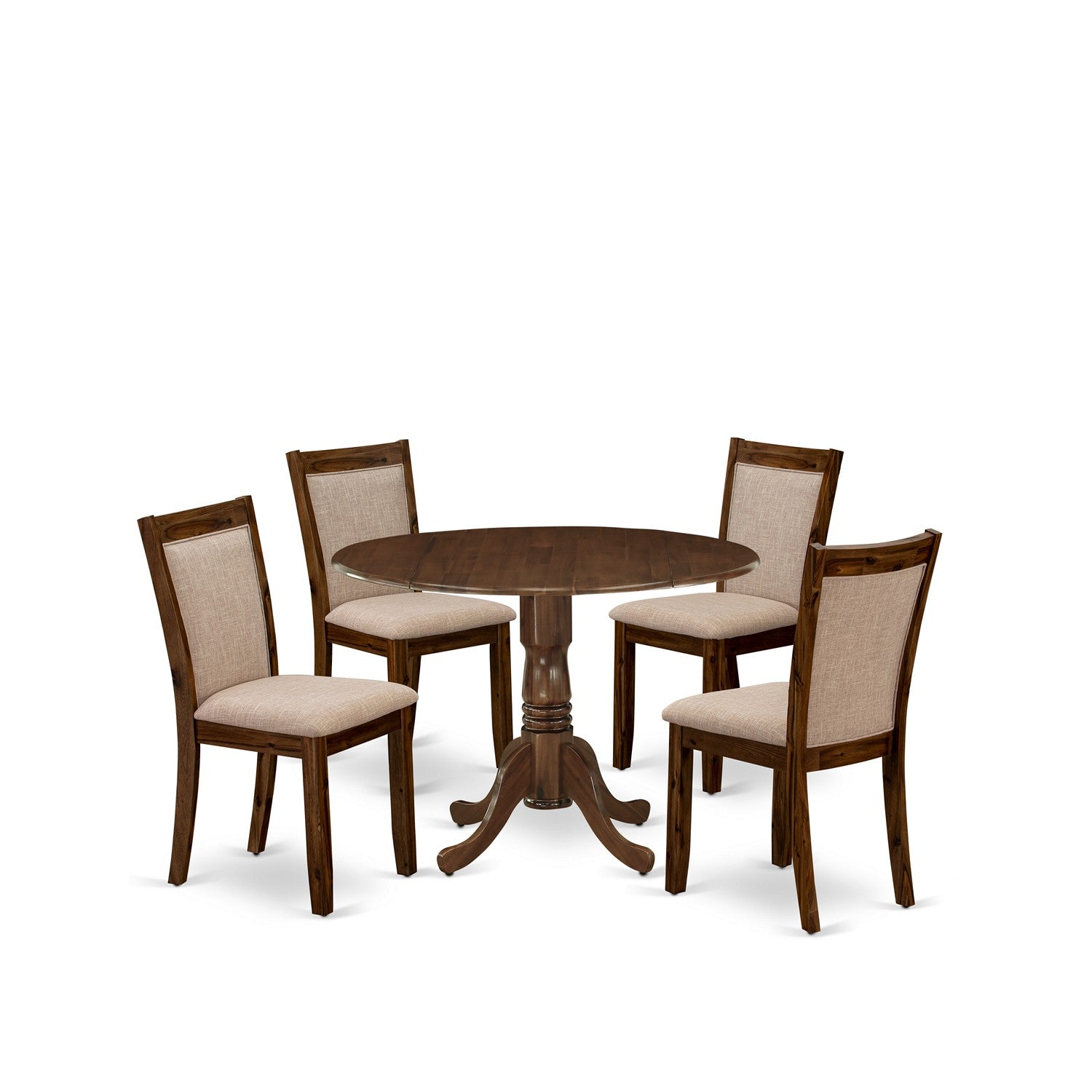 East West Furniture DLMZ5-AWN-04 5-Pc Dining Room Table Set Consists of a Wood Table with Drop Leaves and 4 Light Tan Linen Fabric Kitchen Chairs - Sand Blasting Antique Walnut Finish