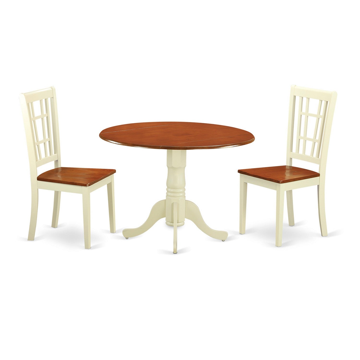 Juego de comedor de 3 piezas East West Furniture DLNI3-BMK-W. Incluye una mesa de cocina redonda con alas abatibles y 2 sillas de comedor.