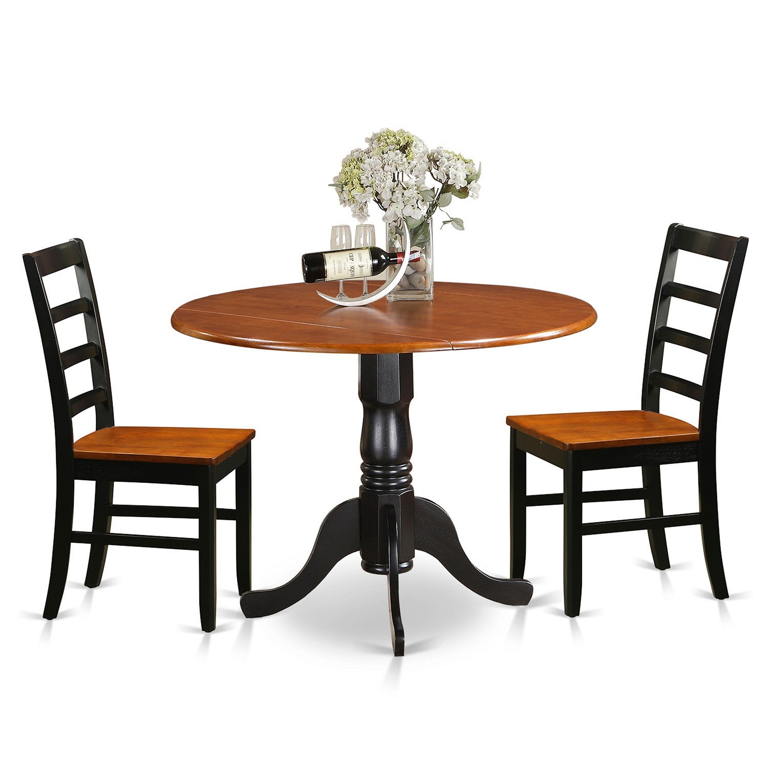 Juego de comedor de 3 piezas East West Furniture DLPF3-BCH-W para espacios pequeños. Contiene una mesa de comedor redonda con alas abatibles y 2 sillas de comedor.
