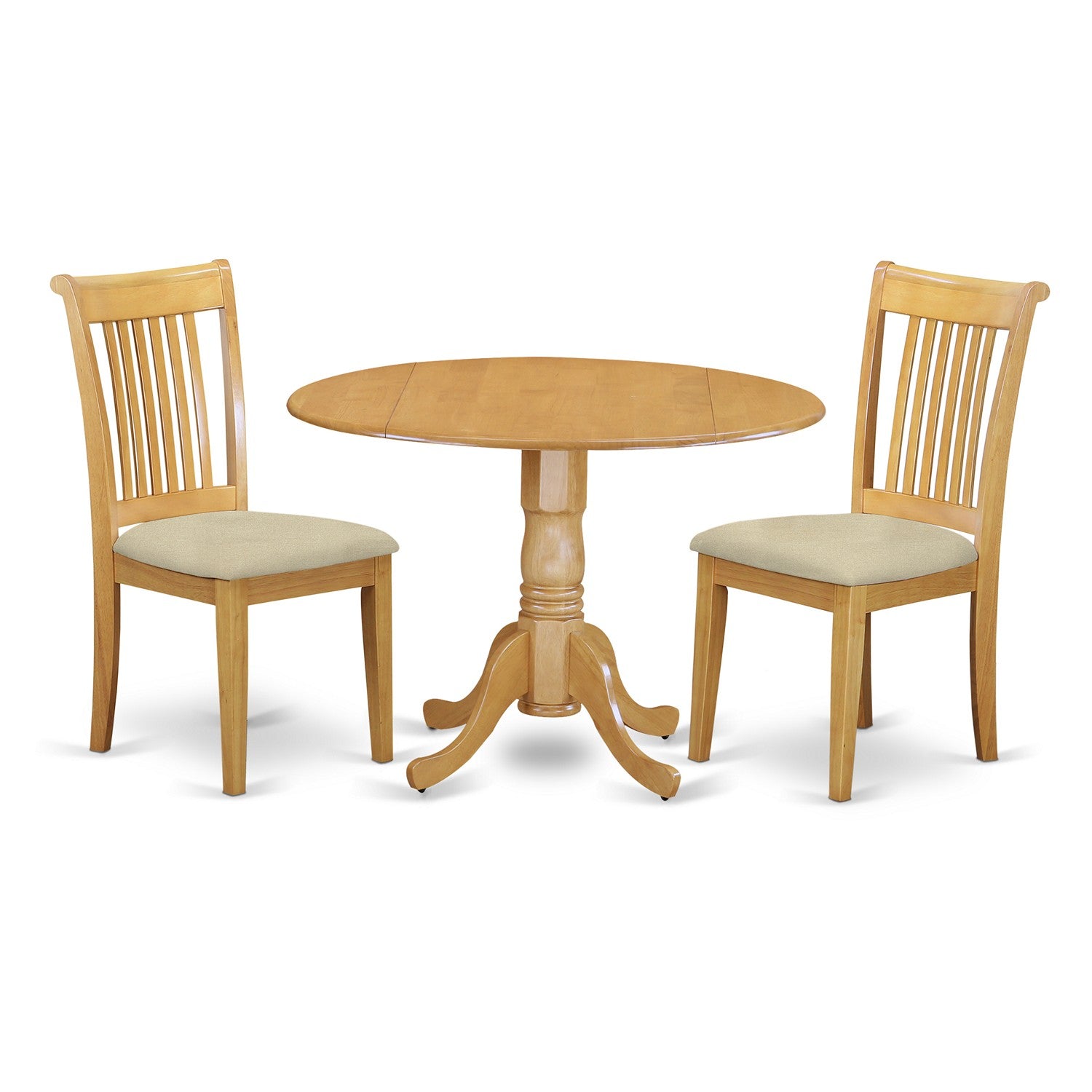 Juego de comedor de 3 piezas DLPO3-OAK-C de East West Furniture. Incluye una mesa de comedor redonda con alas abatibles y 2 sillas de cocina de tela de lino.