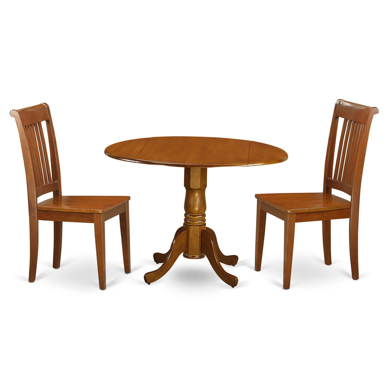 Juego de mesa de cocina de 3 piezas East West Furniture DLPO3-SBR-W para espacios pequeños. Incluye una mesa de comedor redonda con alas abatibles y dos sillas con asiento de madera maciza.