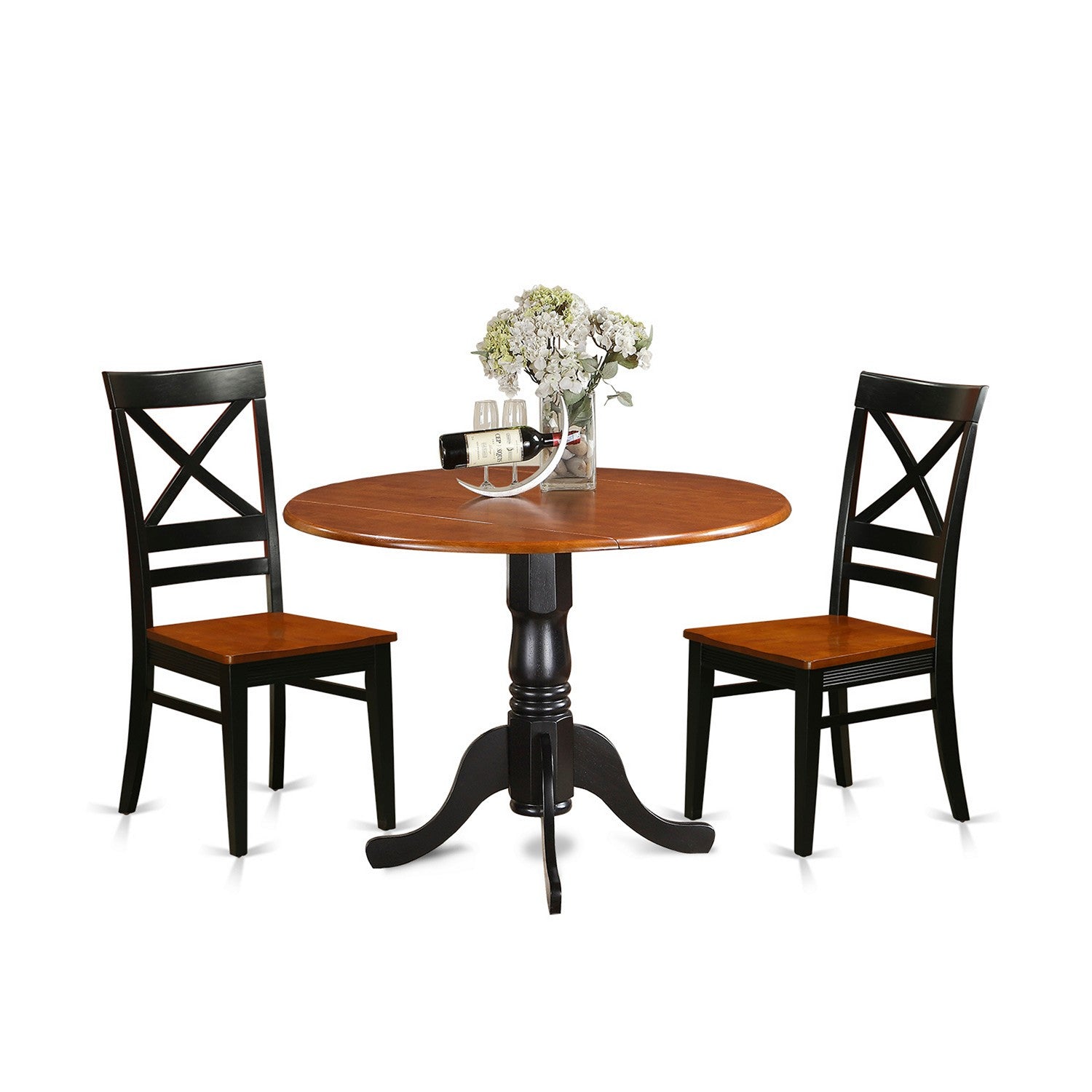 Juego de comedor de 3 piezas DLQU3-BCH-W de East West Furniture. Contiene una mesa de comedor redonda con alas abatibles y 2 sillas de cocina.