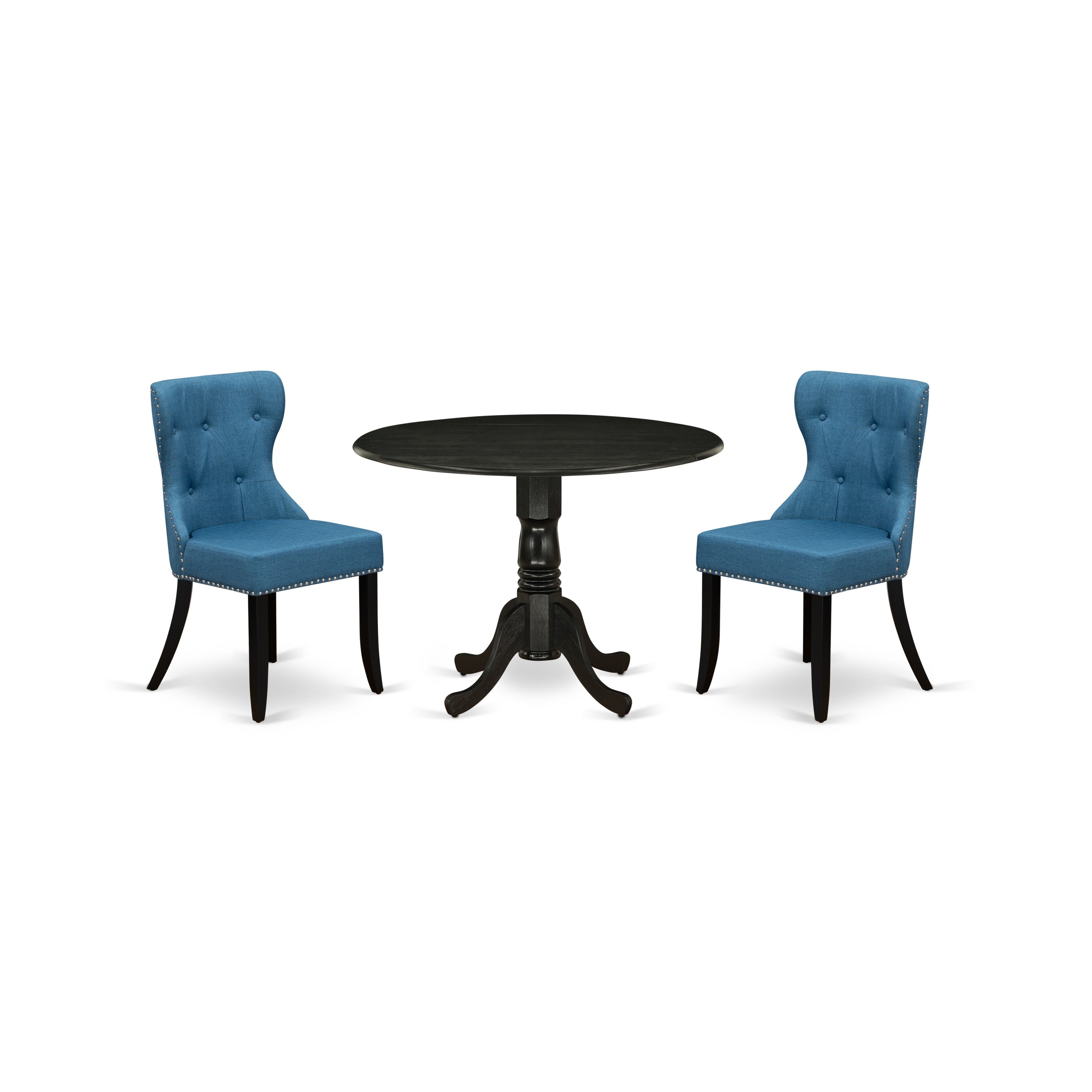 Juego de mesa de comedor moderna de 3 piezas East West Furniture DLSI3-ABK-21. Incluye una mesa redonda de madera con alas abatibles y dos sillas Parson tapizadas en tela de lino azul.