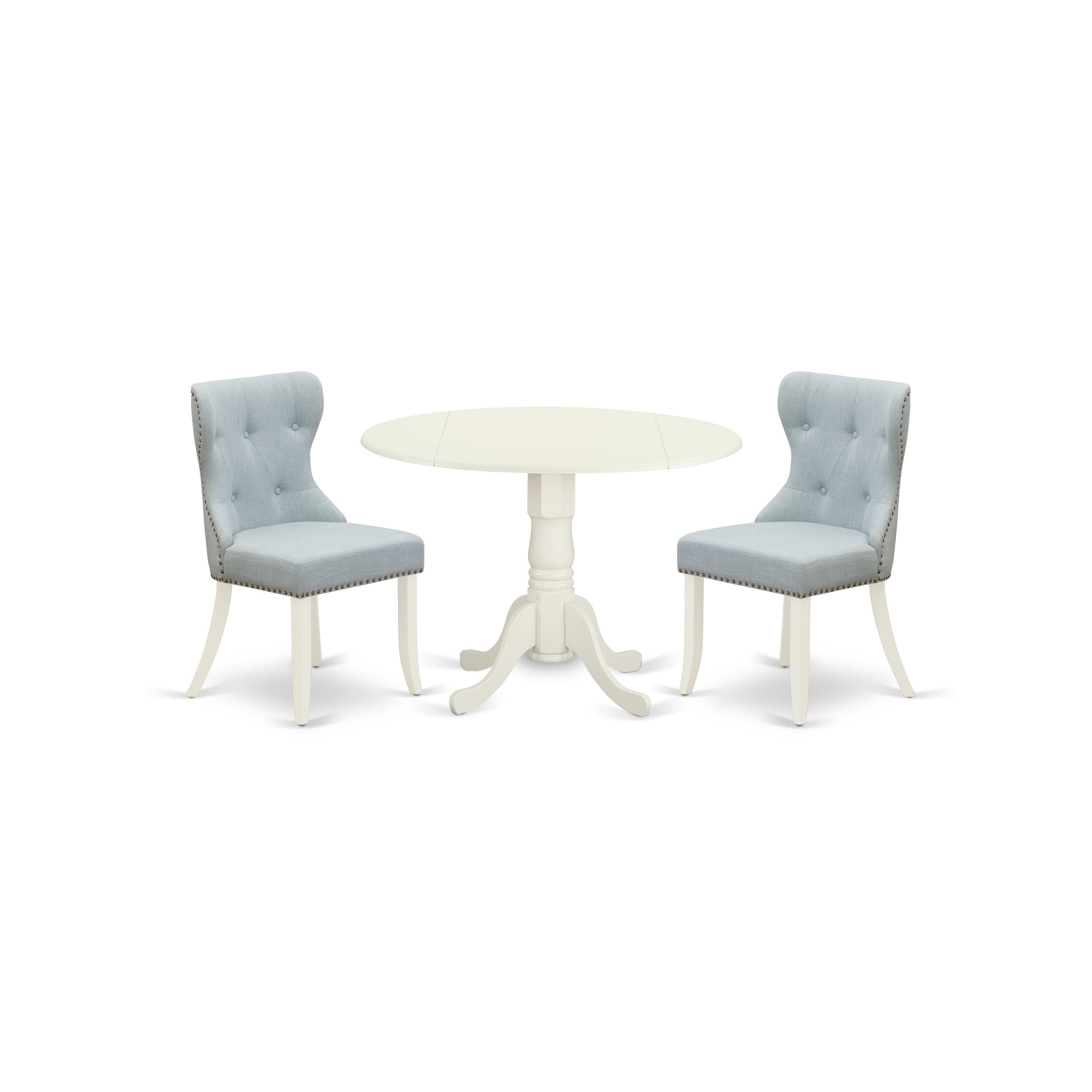 Juego de comedor de 3 piezas East West Furniture DLSI3-WHI-15. Incluye una mesa de comedor redonda con alas abatibles y dos sillas tapizadas en tela de lino azul bebé.