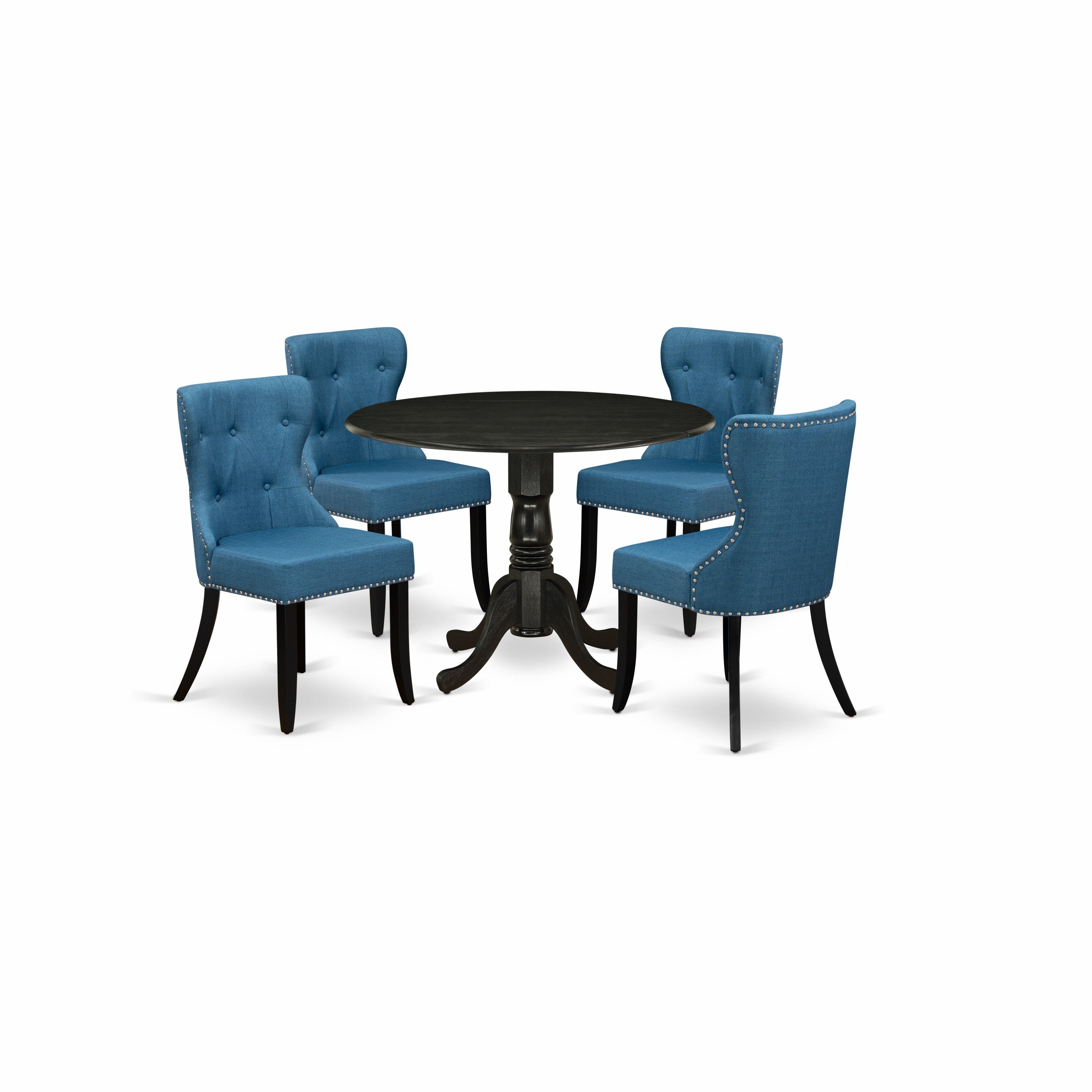 Juego de mesa y sillas de cocina de 5 piezas DLSI5-ABK-21 de East West Furniture. Incluye una mesa de comedor redonda con alas abatibles y 4 sillas tapizadas en tela de lino azul.