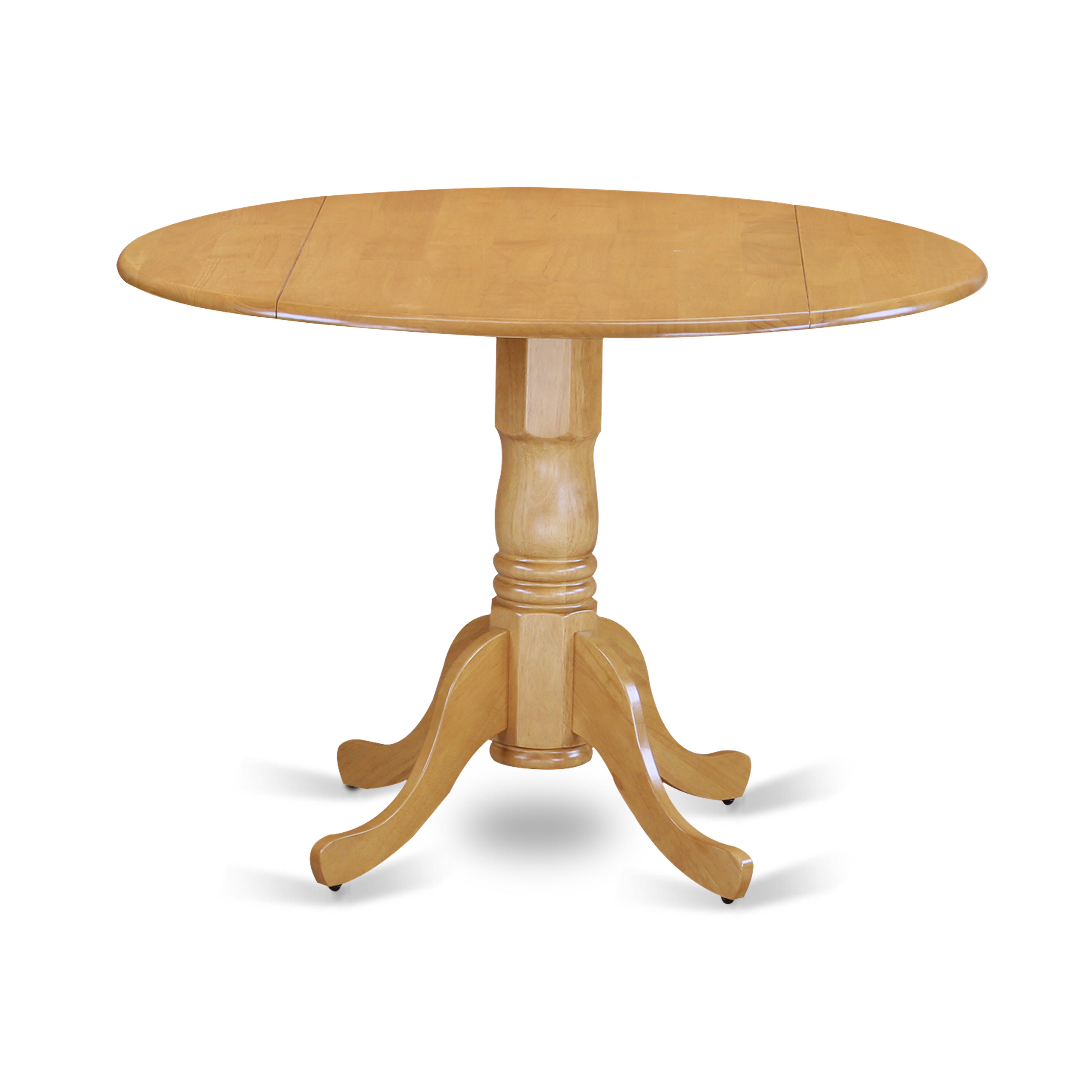 El juego de mesa de cocina de 3 piezas DLAB3-OAK-55 de East West Furniture incluye una mesa de comedor redonda con alas abatibles y dos sillas tapizadas en piel sintética azul oasis.