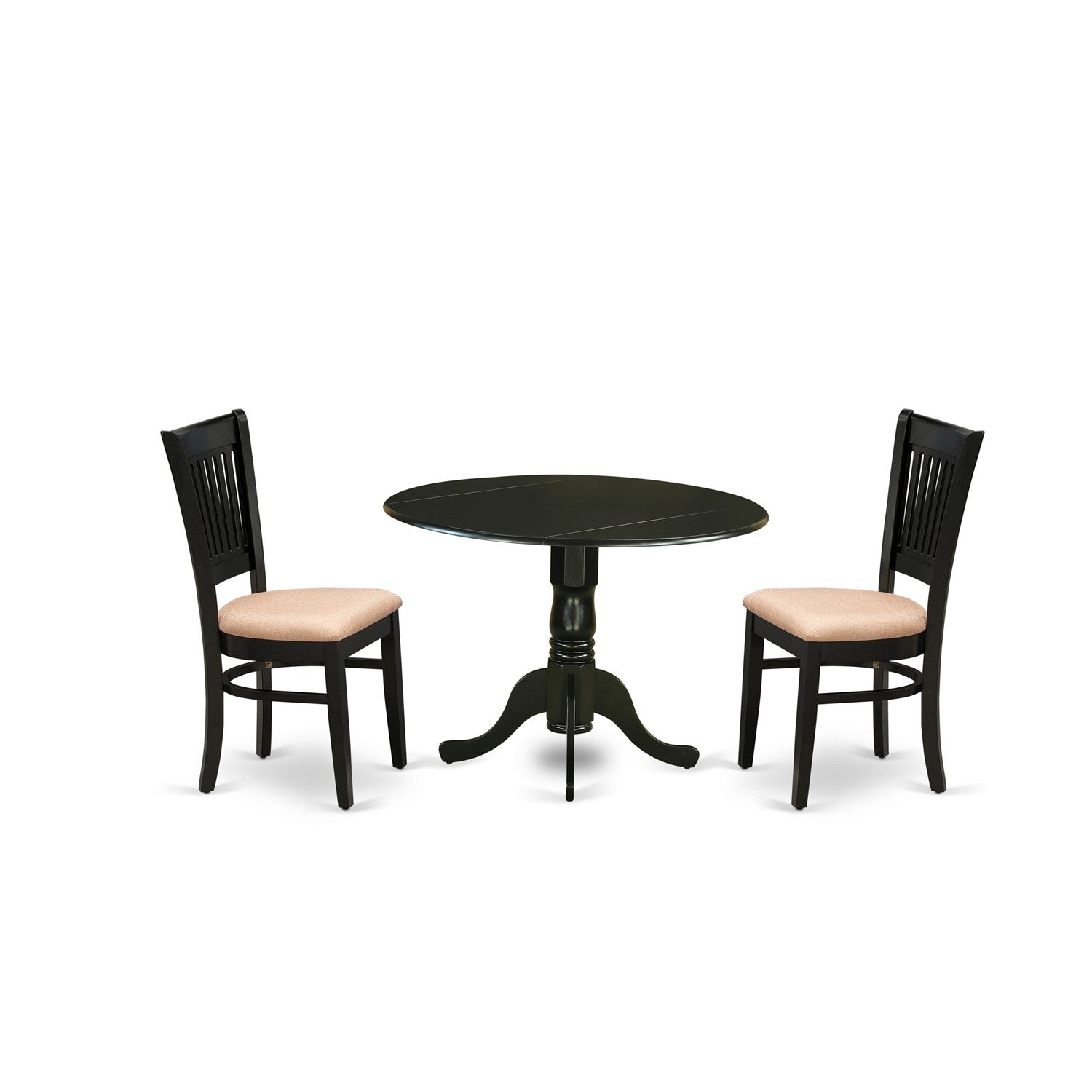 Juego de mesa de cocina de 3 piezas East West Furniture DLVA3-BLK-C para espacios pequeños. Incluye una mesa de comedor redonda con alas abatibles y dos sillas tapizadas en tela de lino.