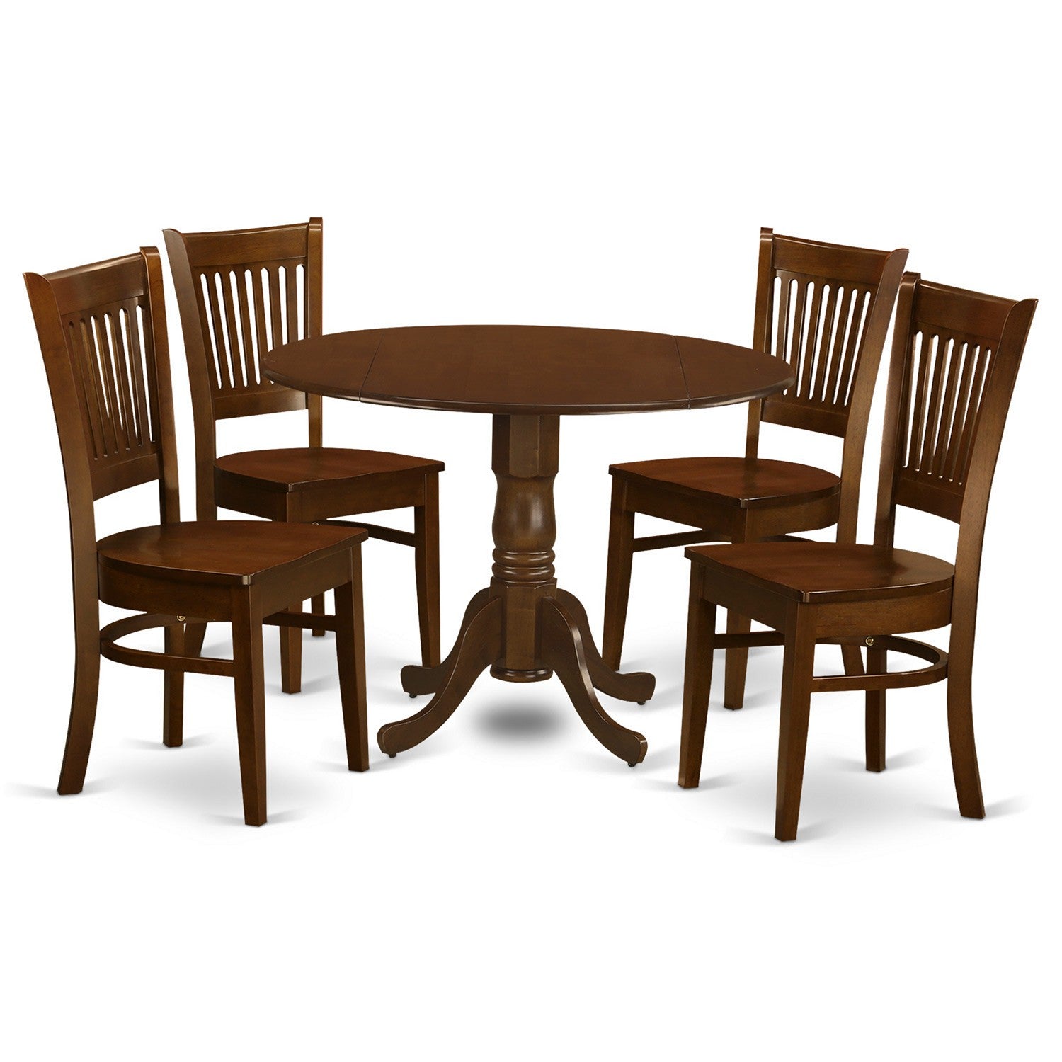 Juego de mesa de cocina de 5 piezas East West Furniture DLVA5-ESP-W para 4 personas. Incluye una mesa de comedor redonda con alas abatibles y 4 sillas con asiento de madera maciza.