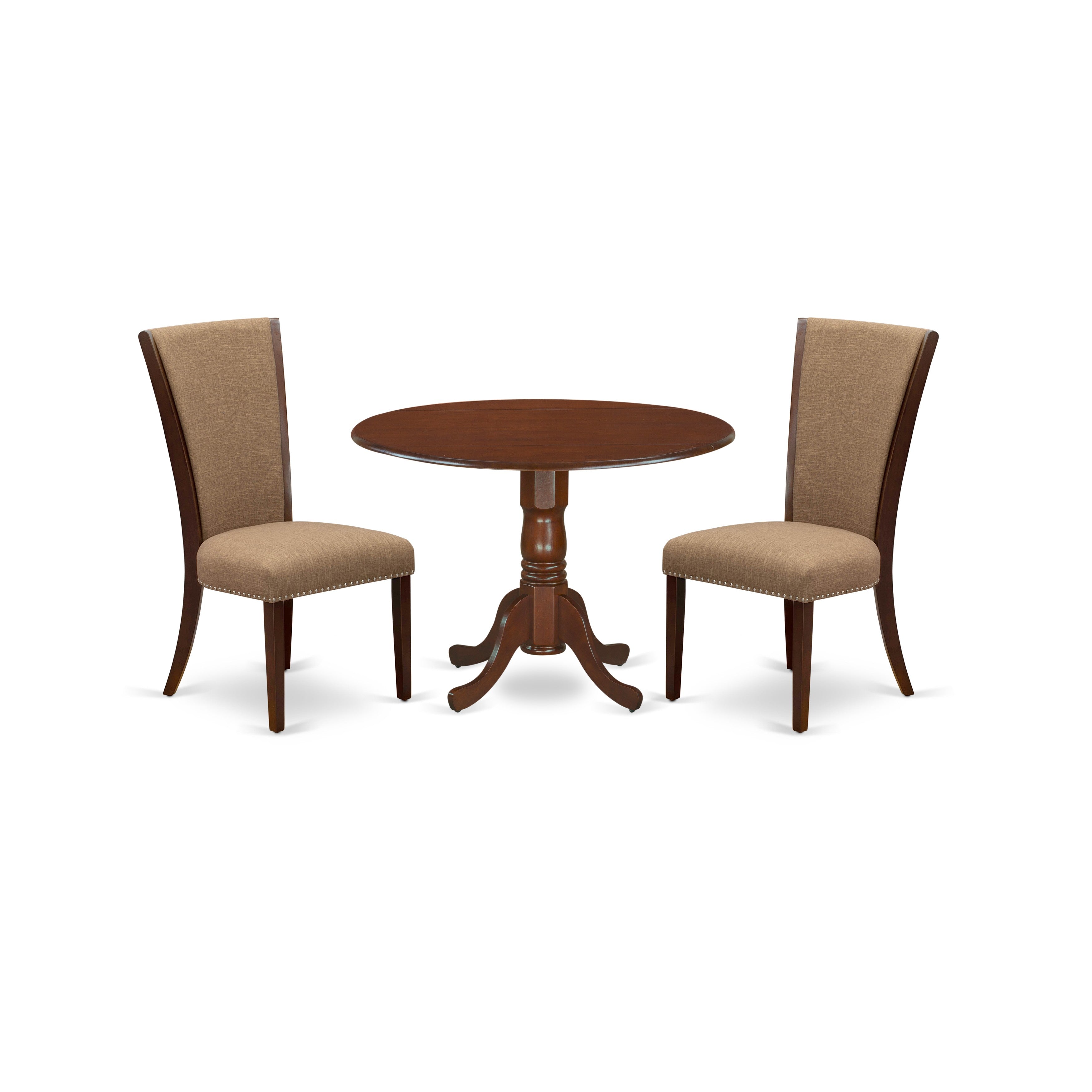 EAST WEST FURNITURE - DLVE3-MAH-47 - 3 Piece Dining Table Set - 2 Light Sable Linen Fabric Parson Dining Chairs with High Back and Dropleafs Round Kitchen Table - Mahogany Finish
