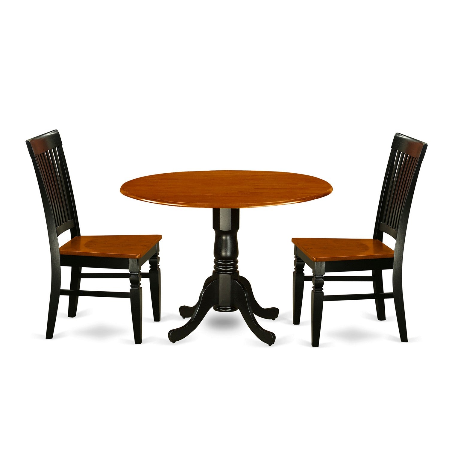 Juego de mesa y sillas de cocina de 3 piezas DLWE3-BCH-W de East West Furniture. Contiene una mesa de comedor redonda con alas abatibles y 2 sillas de comedor.