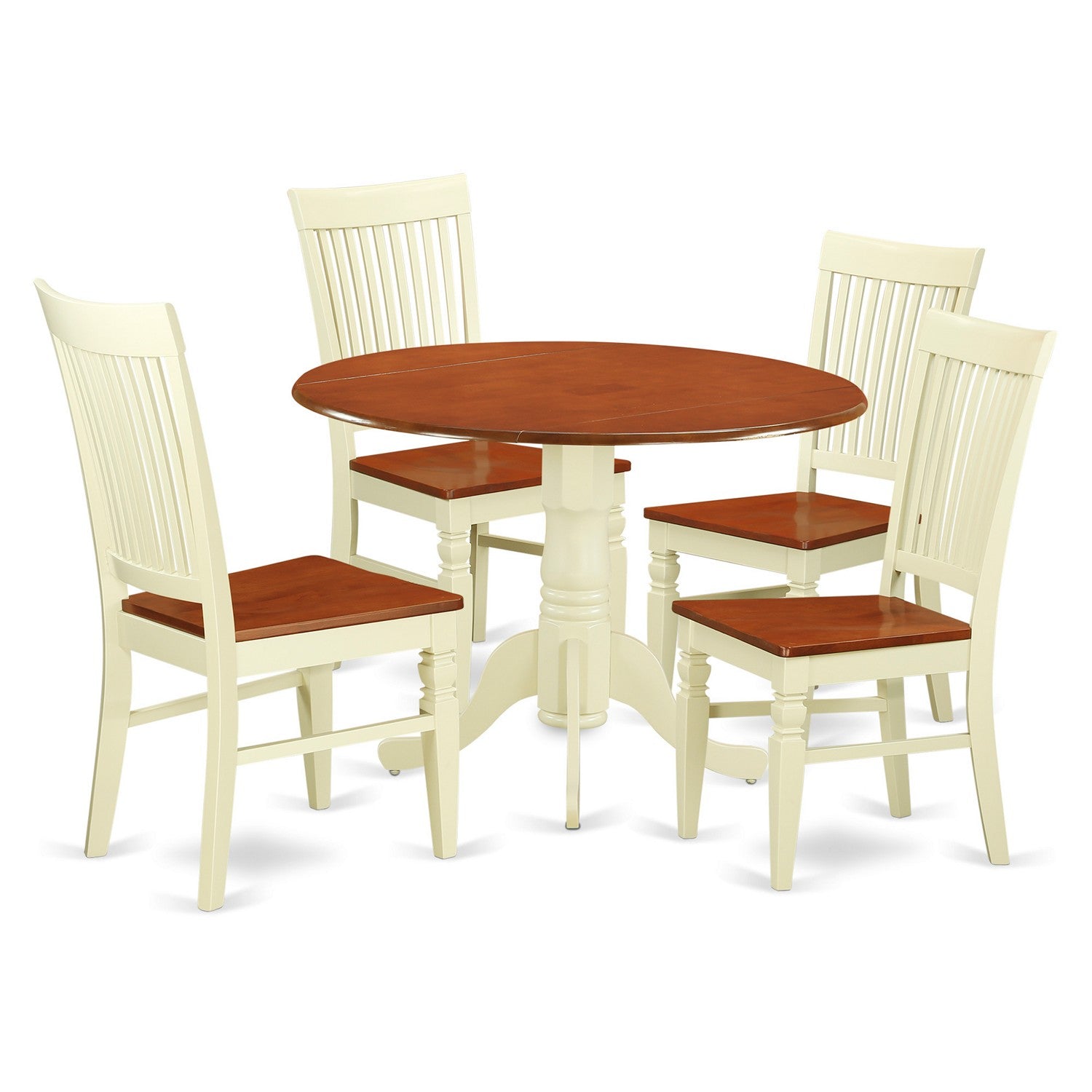 Juego de comedor de 5 piezas East West Furniture DLWE5-BMK-W para 4 personas. Incluye una mesa de comedor redonda con alas abatibles y 4 sillas de comedor.