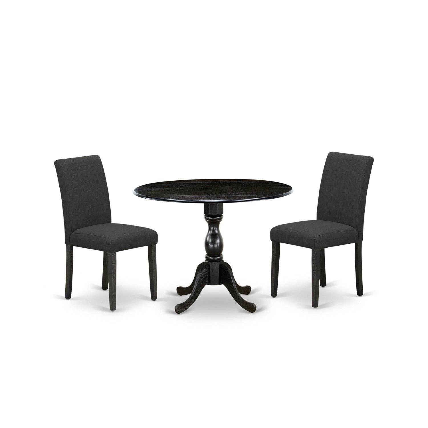 DMAB3-ABK-24 3 Piece Modern Dining Table Set Includes 1 Drop Leaves Dining Room Table and 2 Black Linen Fabric Padded Chair with High Back - Wire Brushed Black Finish
