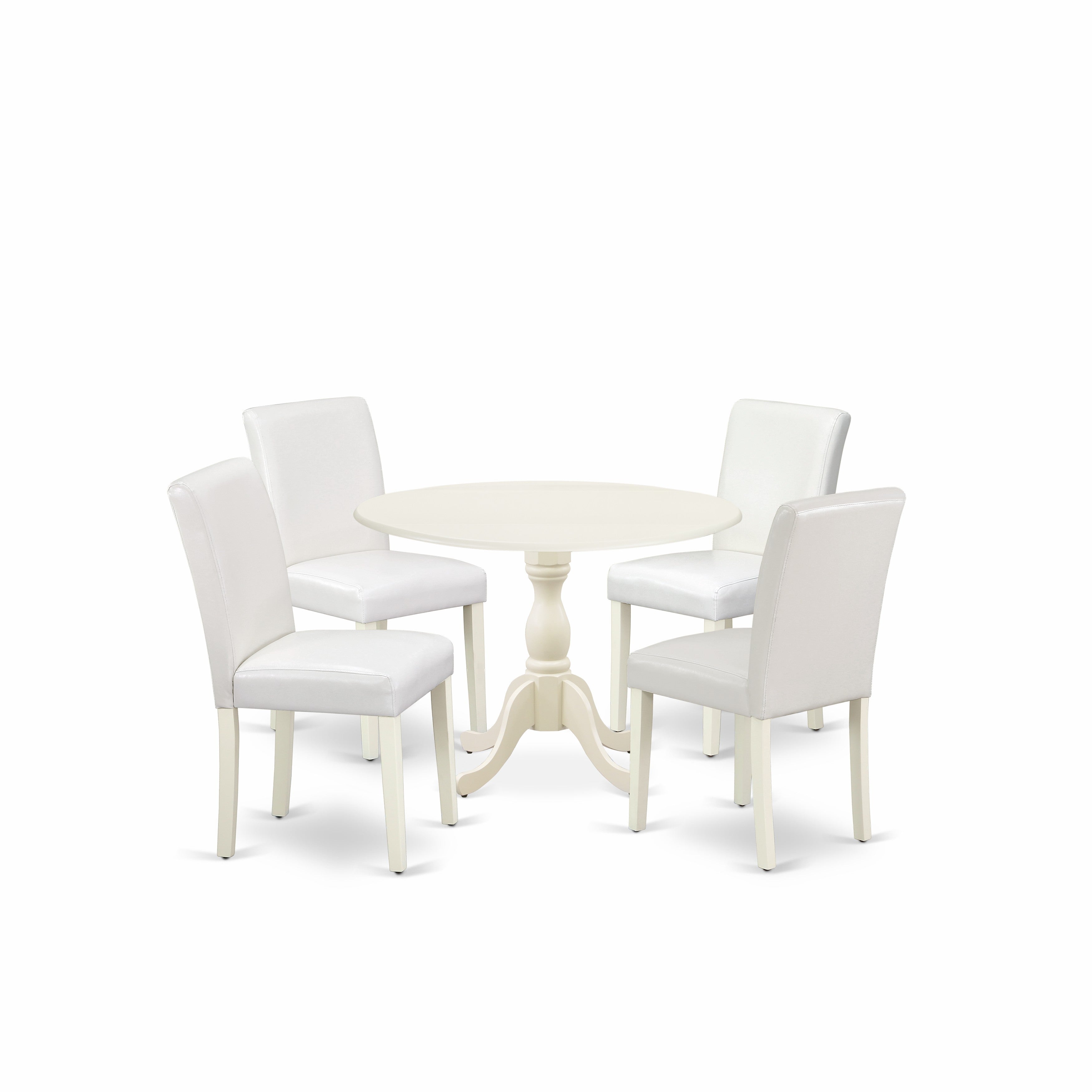 El juego de mesa de comedor de 5 piezas DMAB5-LWH-64 de East West Furniture incluye una mesa de comedor redonda con alas abatibles y 4 sillas Parson tapizadas en piel sintética blanca.