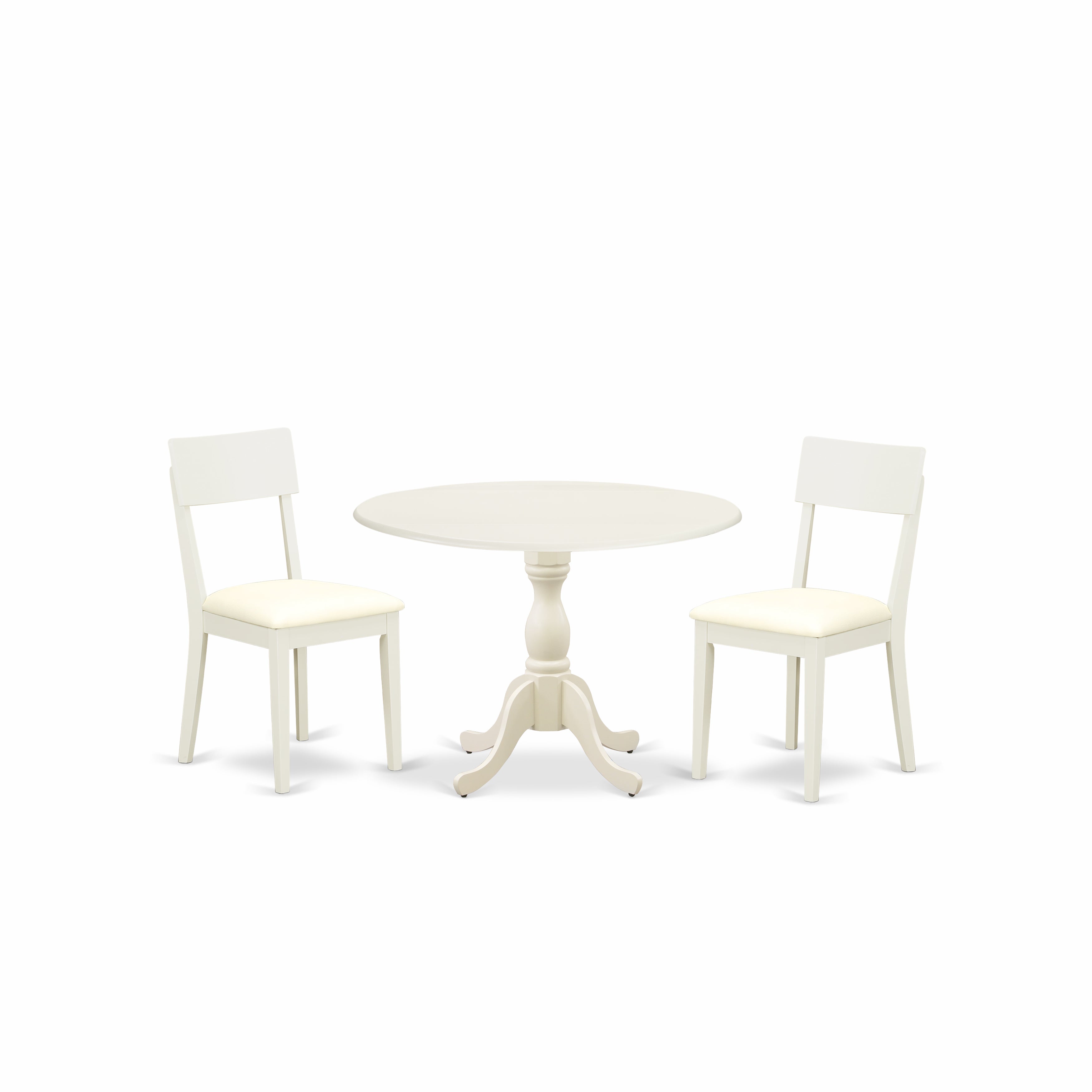 East West Furniture DMAD3-LWH-C 3 Piece Dinette Set Consists of 1 Drop Leaves Modern Dining Room Table and 2 Linen White Faux Leather Dining Room Chairs with Ladder Back - Linen White Finish